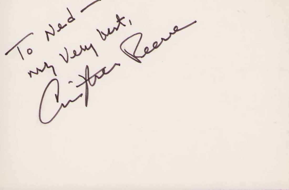 Christopher Reeve Superman rare signature on card: A nice in person signed card of Superman star from famed in person collection Certificate of AuthenticityEVERY item in this auction comes with at minimum one fully illustrated and serial numbered COA