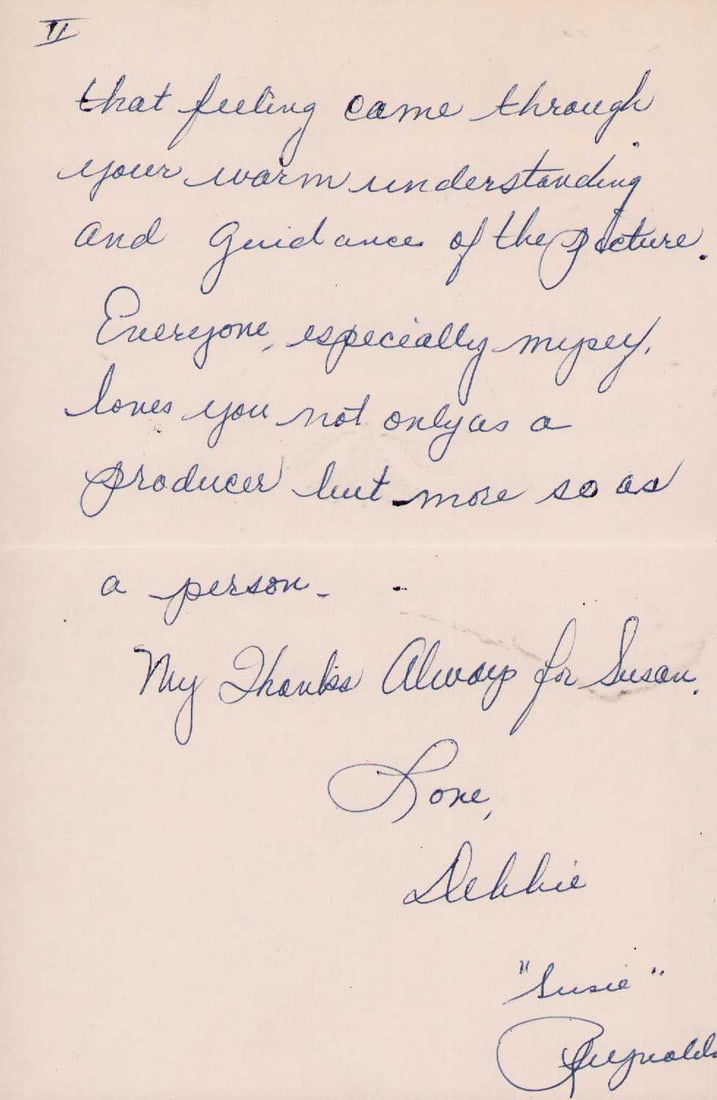 Debbie Reynolds early letter with content: AN EARLY letter in her career with great content re a movie she was in signed by the legend Certificate of AuthenticityEVERY item in this auction comes with at minimum one fully illustrated and