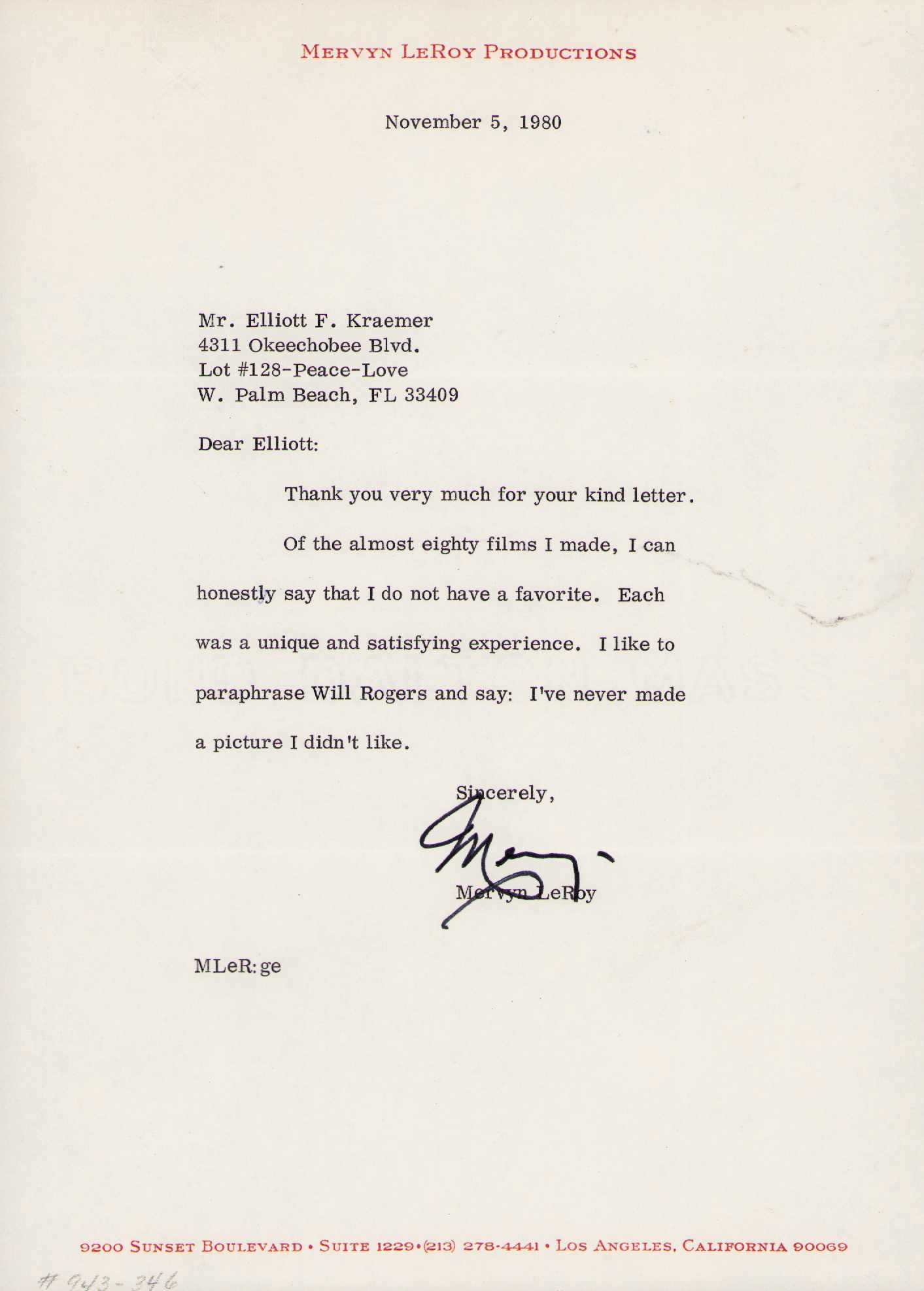 Mervyn LeRoy rare signed letter Wiz of Oz and Gone with the Wind Director (1 of 1)