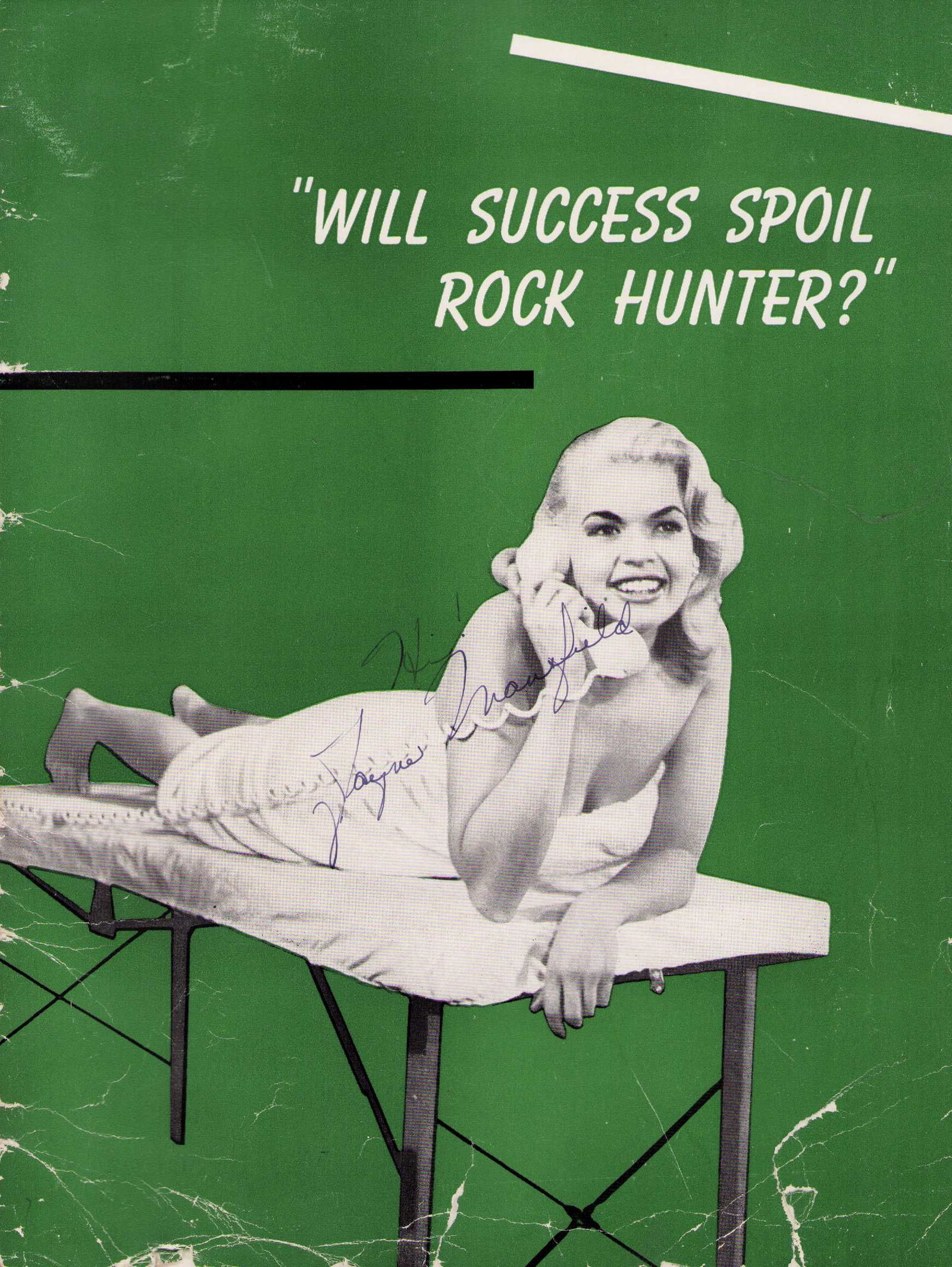 Jayne Mansfield signed program: A program to the film signed nicely by her the green cover shows wear but as you see the autograph and her image is all still very nice Certificate of AuthenticityEVERY item in this auction comes with