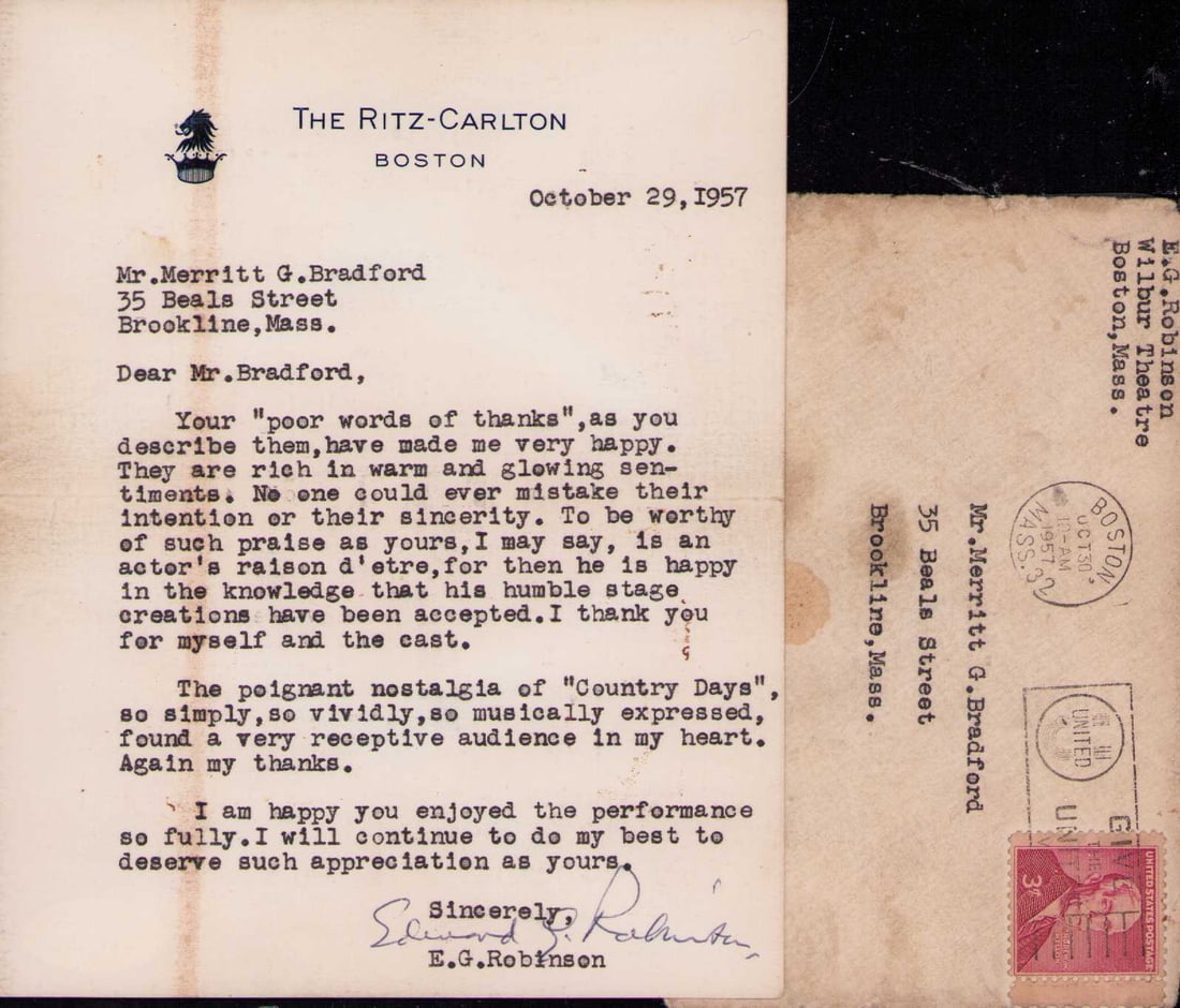Edward G Robinson signed letter with content: A nice content typed letter signed by the legendary actor rare Certificate of AuthenticityEVERY item in this auction comes with at minimum one fully illustrated and serial numbered COA signed by the w