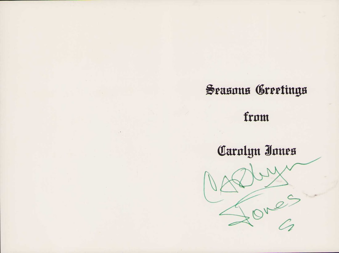 Carolyn Jones signed Xmas card: A rare Xmas card signed and sent out by the Addams Family star who died young from estate of Louella Parsons Certificate of AuthenticityEVERY item in this auction comes with at minimum one fully