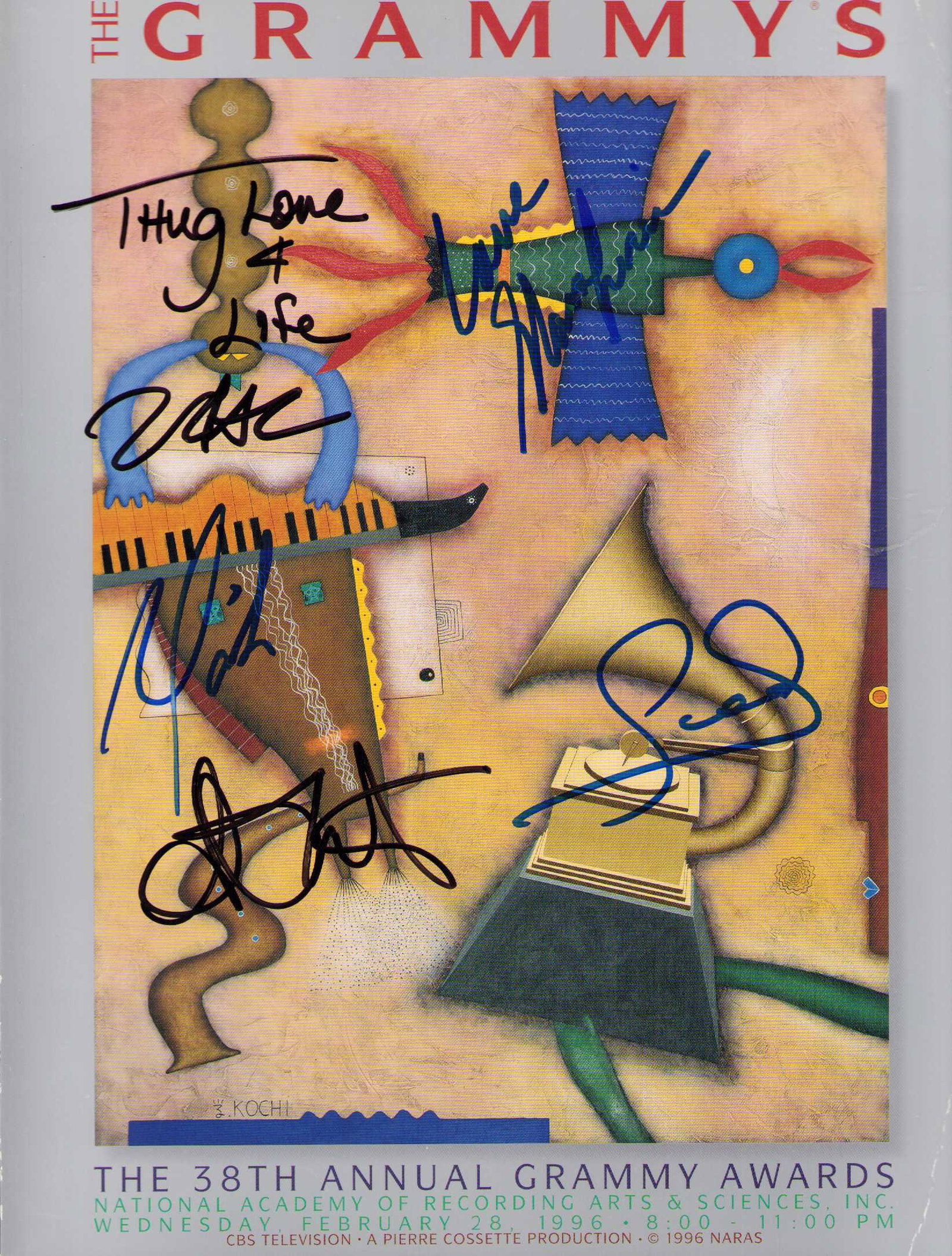 38th Grammy Awards program signed by multiple stars: A complete rare 39th Grammy Awards program signed on the cover by TUPAC SHAKUR adding Thug Life YES Mariah carey Shania Twain and others also signed but the real value here is the rare Tupac one of a