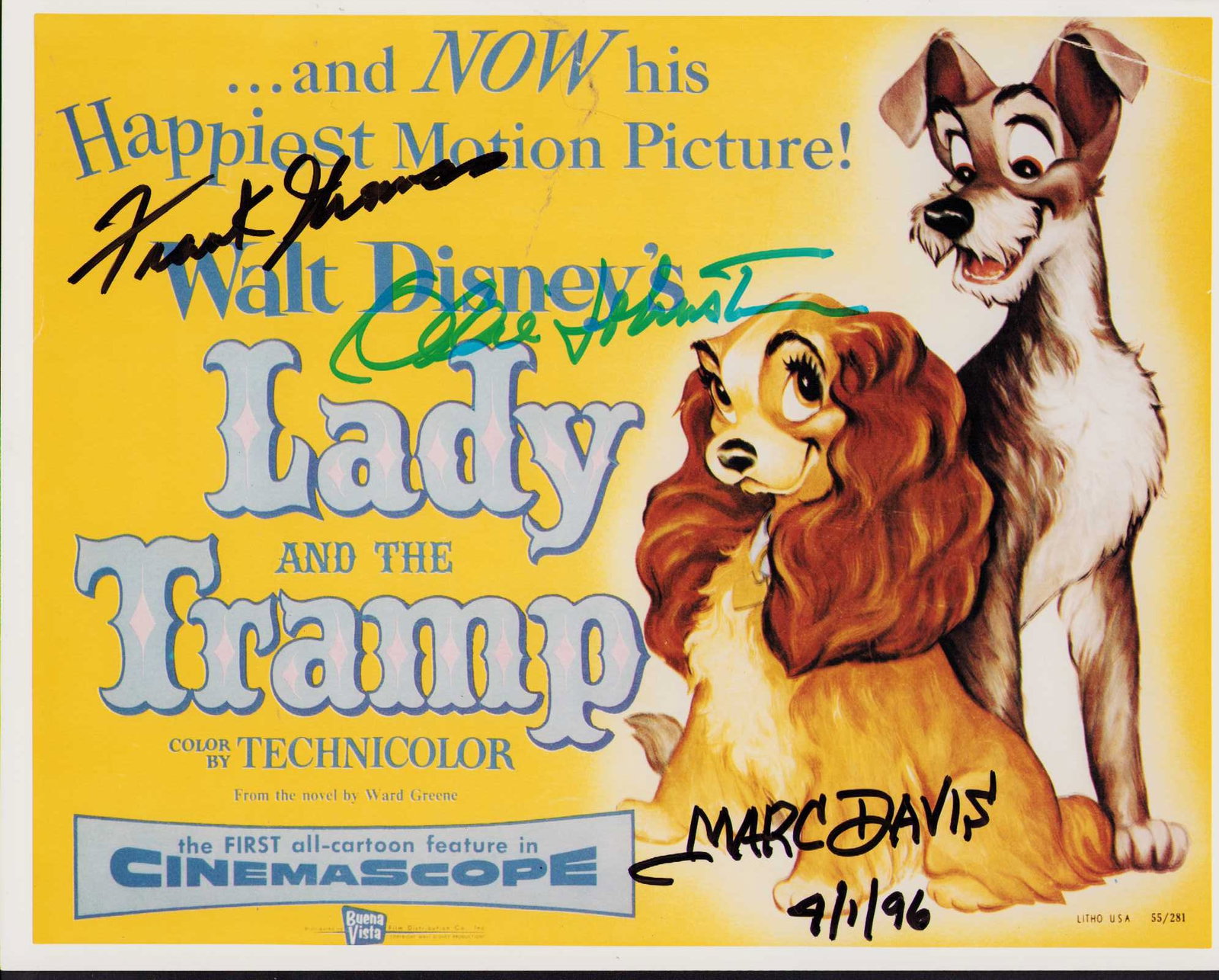 Lady and the Tramp rare animators signed photograph: A rare Lady and the Tramp signed 8x10 by animators Marc Davis Ollie Johnston and Frank Thomas who worked on the film and were original Disney animators ate of AuthenticityEVERY item in this auction co