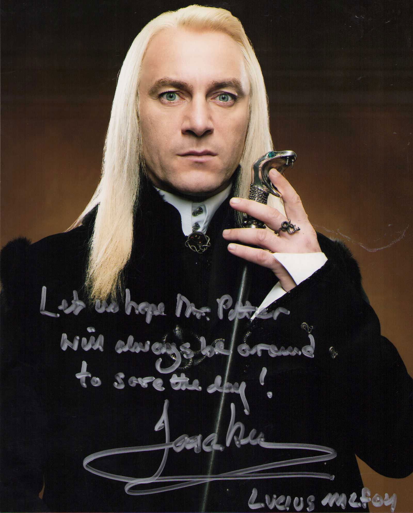 Jason Isaacs Harry Potter signed photograph with movie quote: A Harry Potter signed 8x10 as Lucius Malfoy with a long movie quote added making it rarer ate of AuthenticityEVERY item in this auction comes with at minimum one fully illustrated and serial numbered