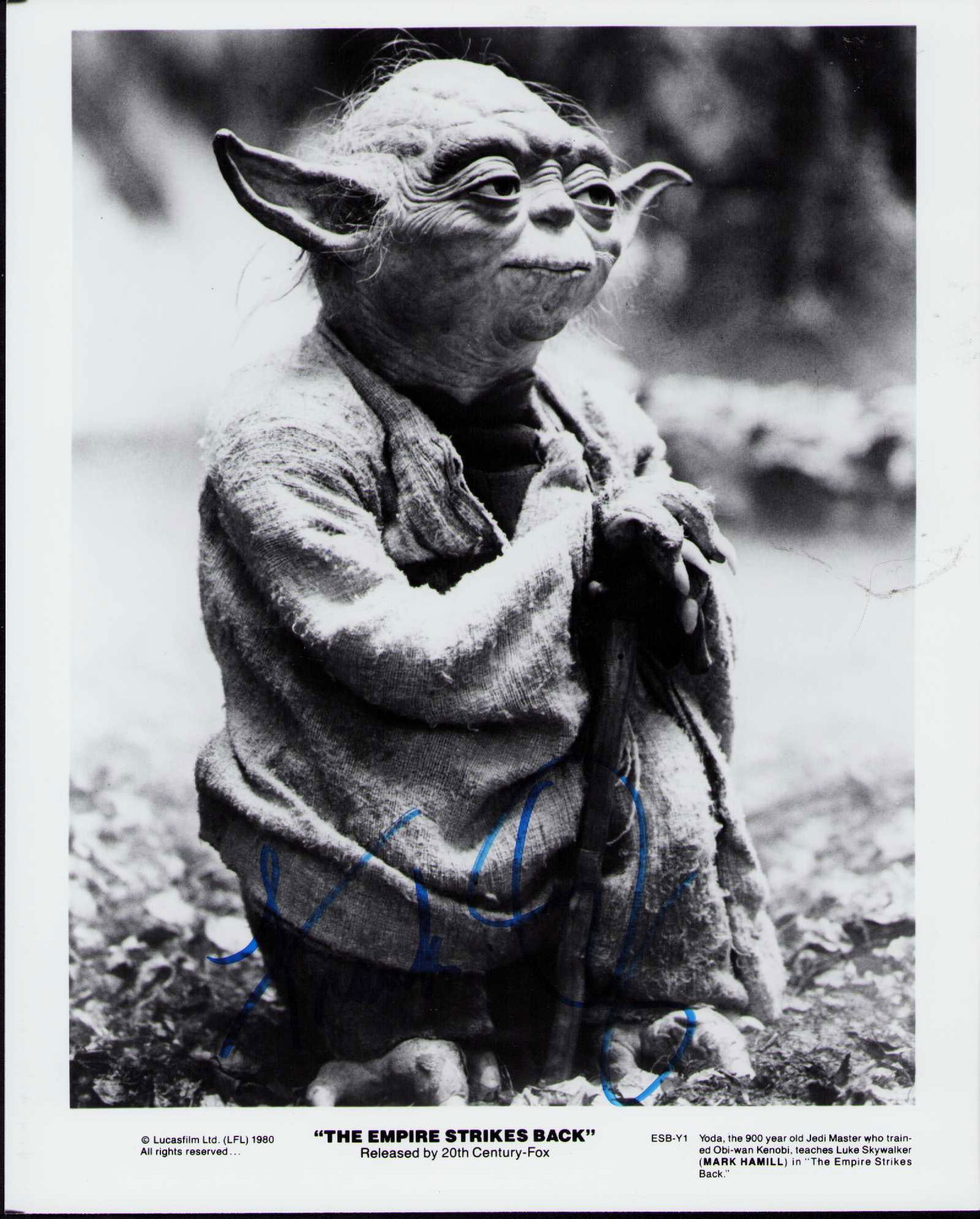 Frank Oz signed Star Wars photograph: An original Empire Strikes Back still signed by him as the voice of Yoda rare on an original still none better ! ate of AuthenticityEVERY item in this auction comes with at minimum one fully illustrat