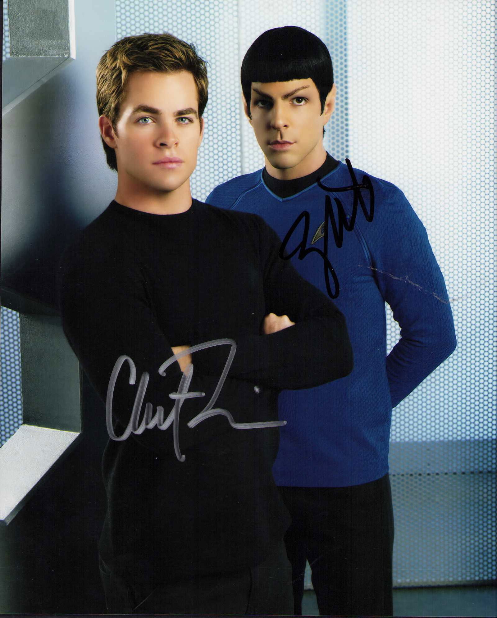 Spock and Kirk Quinto and Pine signed Star Trek photograph: From recent Trek films signed 8x10 by Chris Pine as Kirk and Zachary Quinto as Spock ate of AuthenticityEVERY item in this auction comes with at minimum one fully illustrated and serial numbered COA s