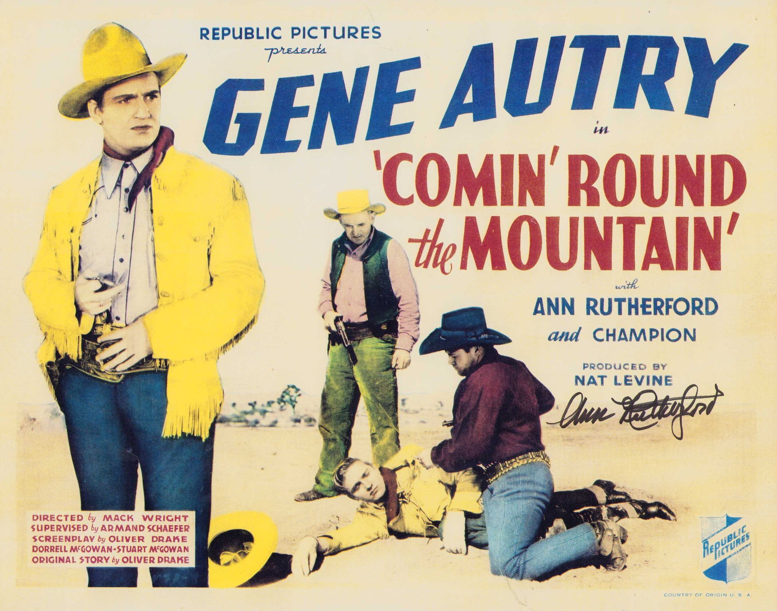 Ann Rutherford signed lobby card: A repro lobby card 11x14 for Comin Round the Mountain signed by the Gone with the Wind star Certificate of AuthenticityEVERY item in this auction comes with at minimum one fully illustrated and serial