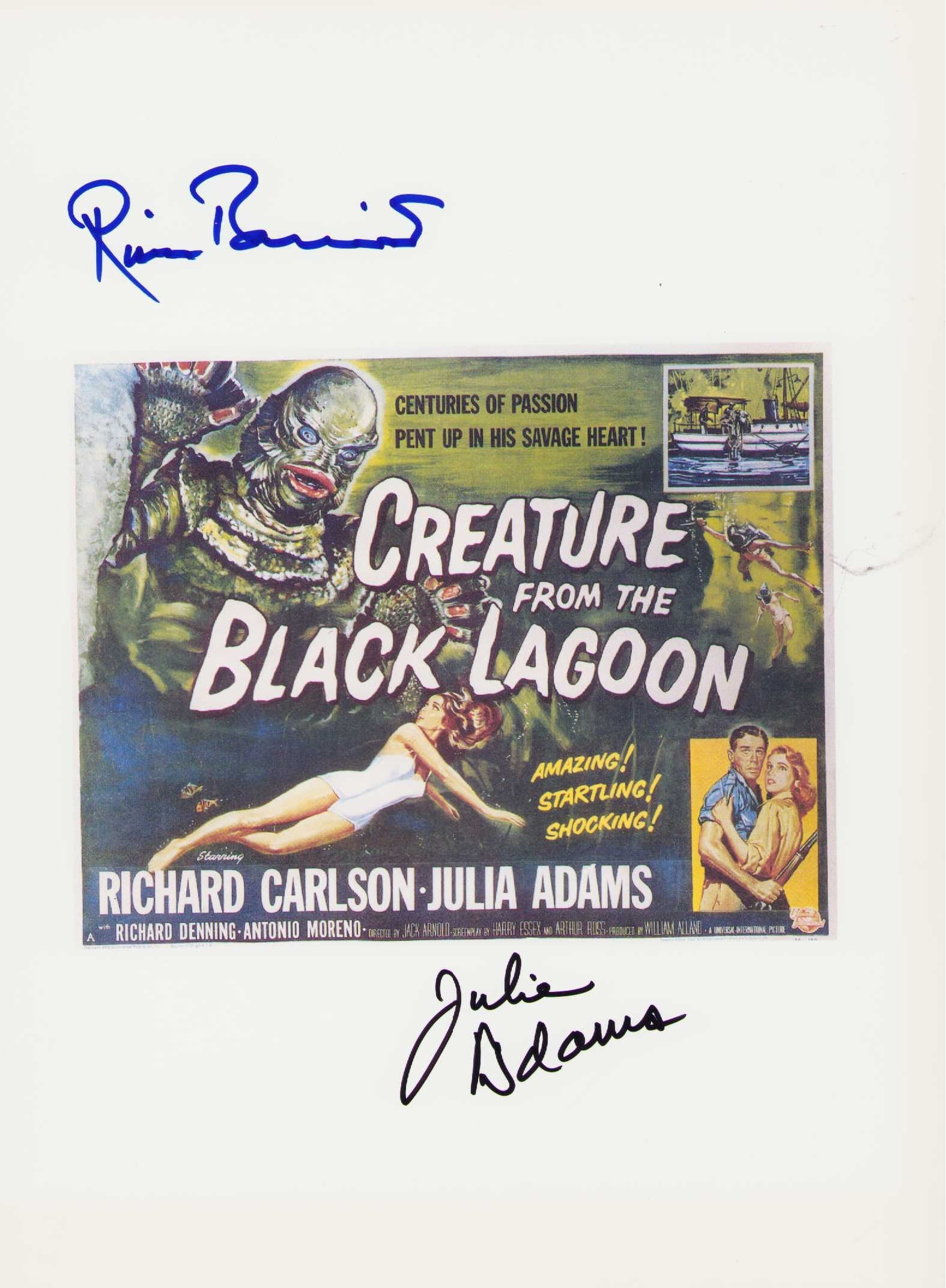 Creature from the Black Lagoon cast signed still: An 8x10 showing the Creature poster image signed in the white borders by stars Ricou Browning and Julie Adams Certificate of AuthenticityEVERY item in this auction comes with at minimum one fully illu