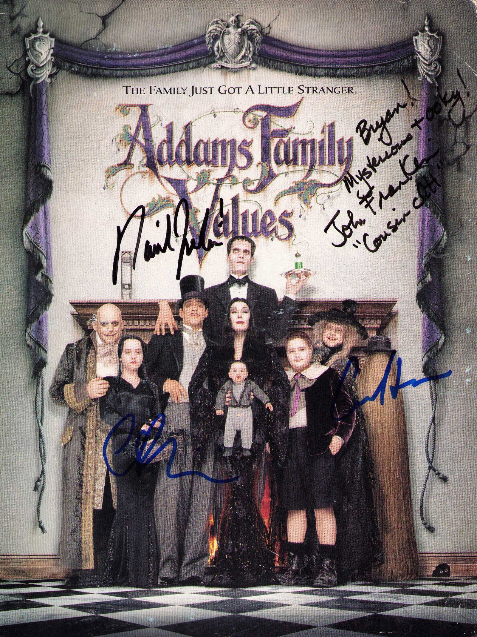 Addams Family Values cast signed program: An original premiere program that opens to display credits signed on the cover by Raul Julia Carol Kane Christina Ricci and John Franken as Cousin It which he added there is some wear to right edges s