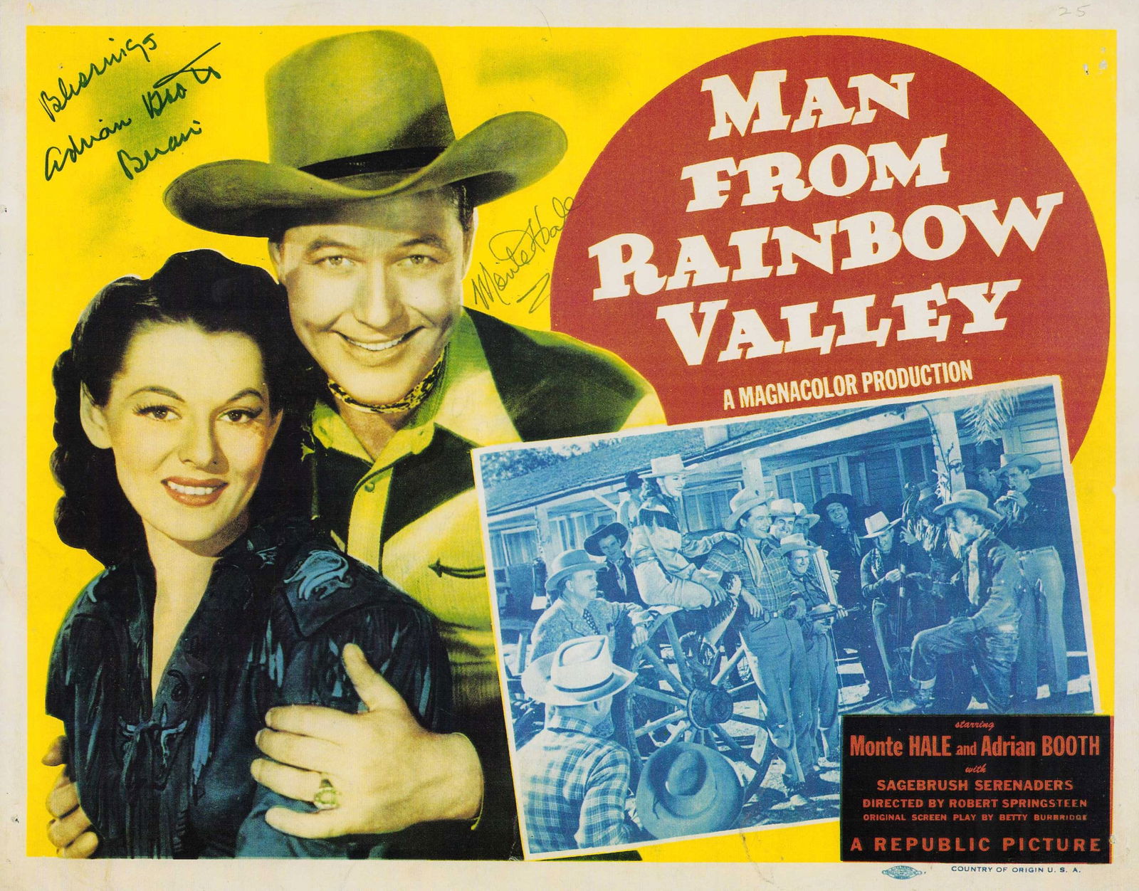 Monte Hale and Adrian Booth signed lobby card: Monte Hale and Adrian Booth signed reprinted lobby card 11x14 from Man from Rainbow Valley Certificate of AuthenticityEVERY item in this auction comes with at minimum one fully illustrated and serial