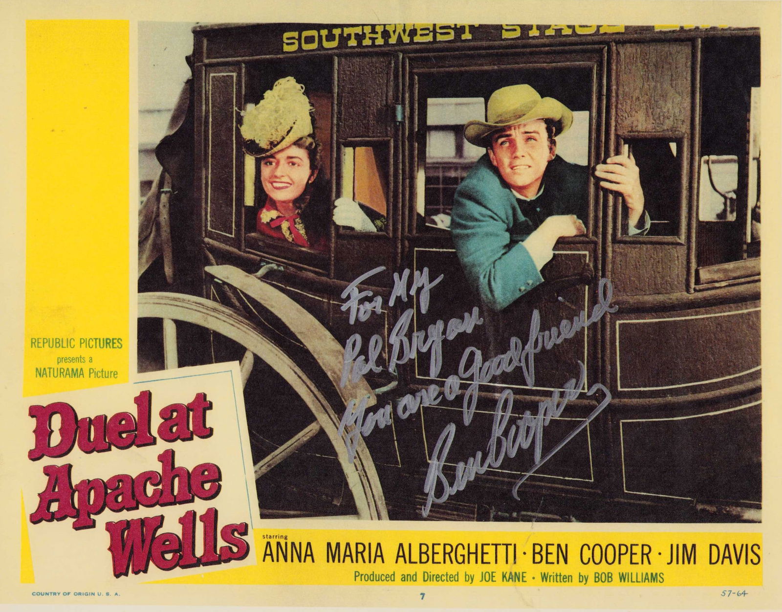Ben Cooper signed lobby card: Ben Cooper signed lobby card reprint 11x14 for Duel at Apache Wells Certificate of AuthenticityEVERY item in this auction comes with at minimum one fully illustrated and serial numbered COA signed by