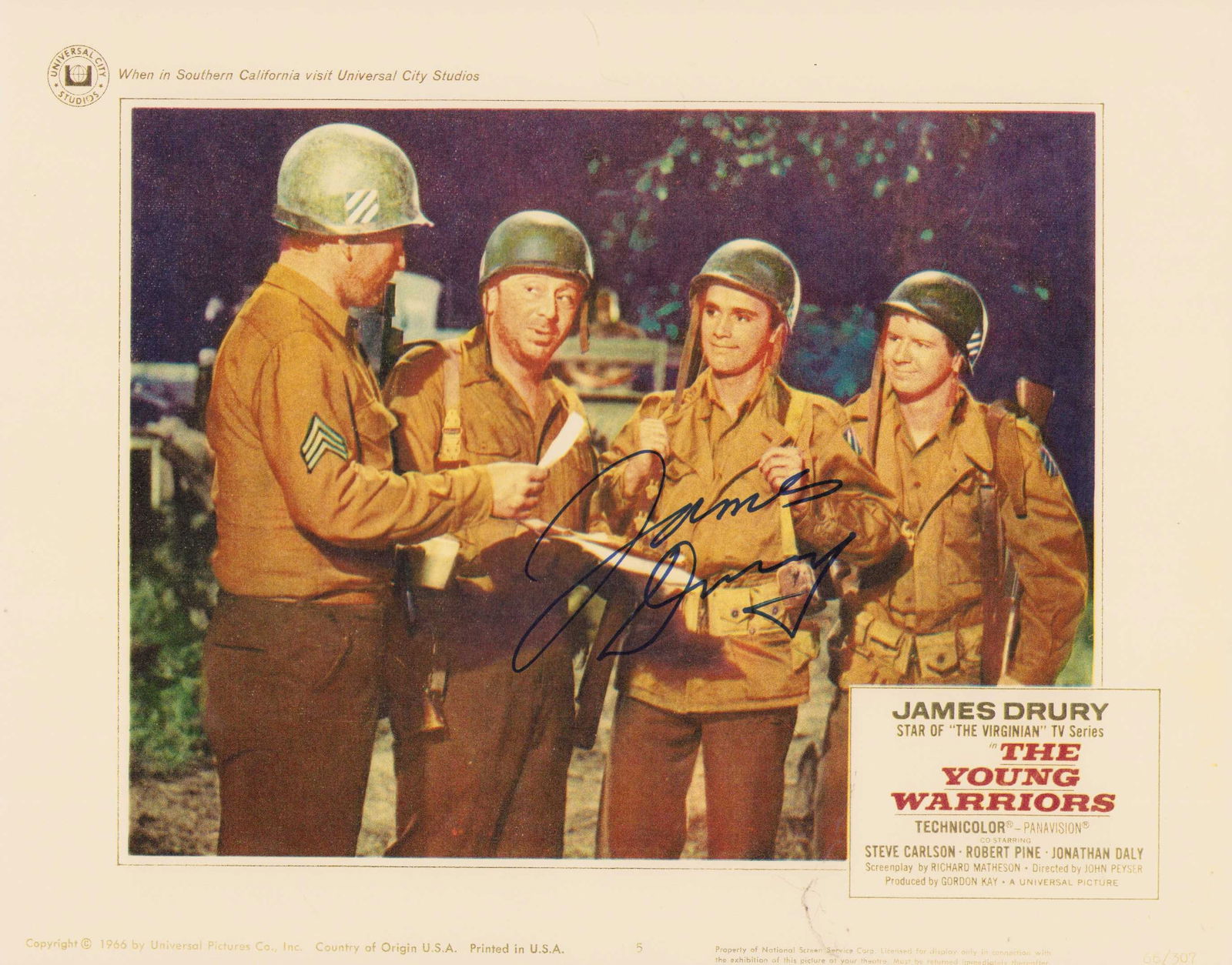 James Drury lobby card signed: A reprint lobby card 11x14 from The Young Warriors signed by him Certificate of AuthenticityEVERY item in this auction comes with at minimum one fully illustrated and serial numbered COA signed by the