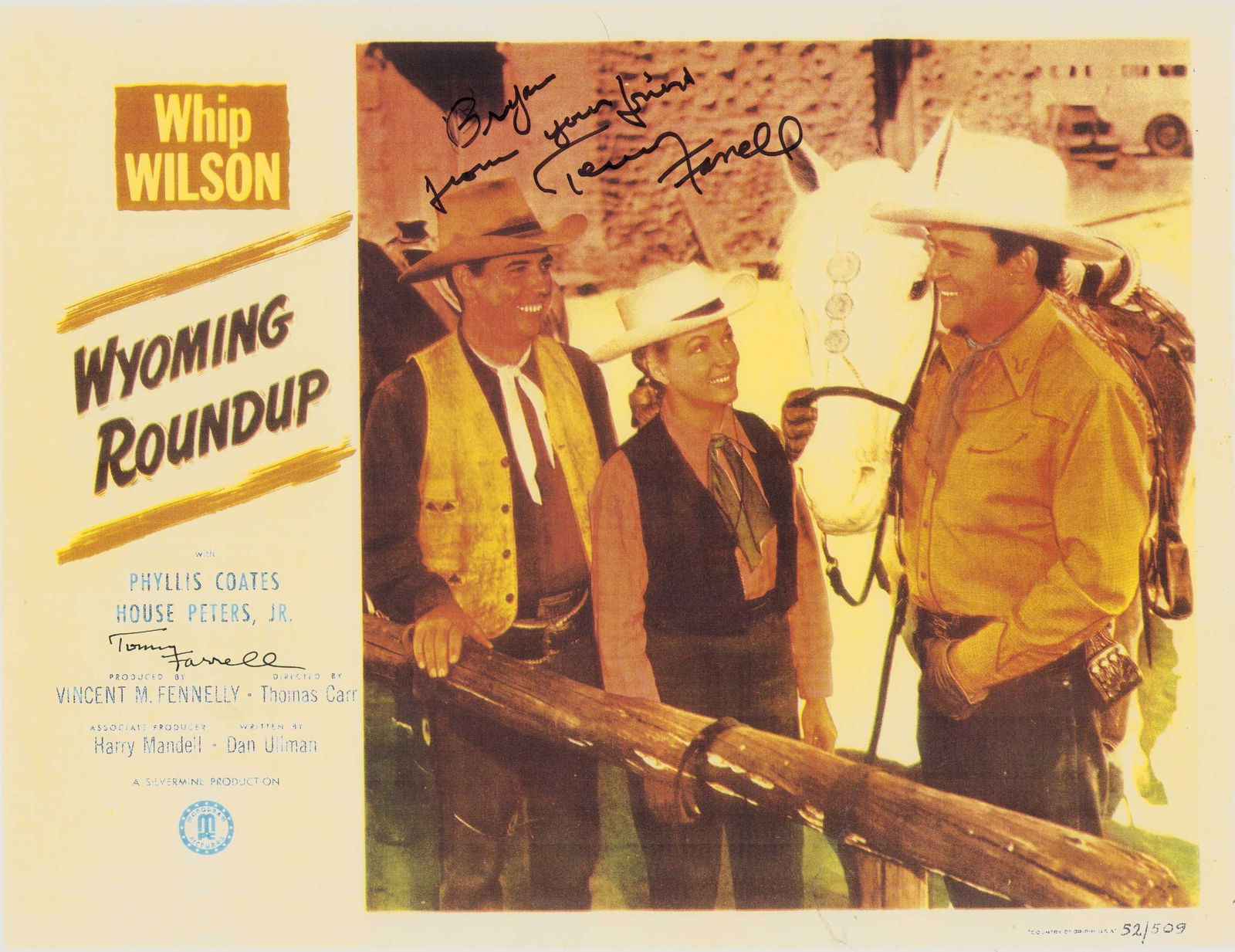Terry Farrell signed lobby card reprint: Wyoming Roundup reprint lobby card 11x14 signed by her Certificate of AuthenticityEVERY item in this auction comes with at minimum one fully illustrated and serial numbered COA signed by the worlds