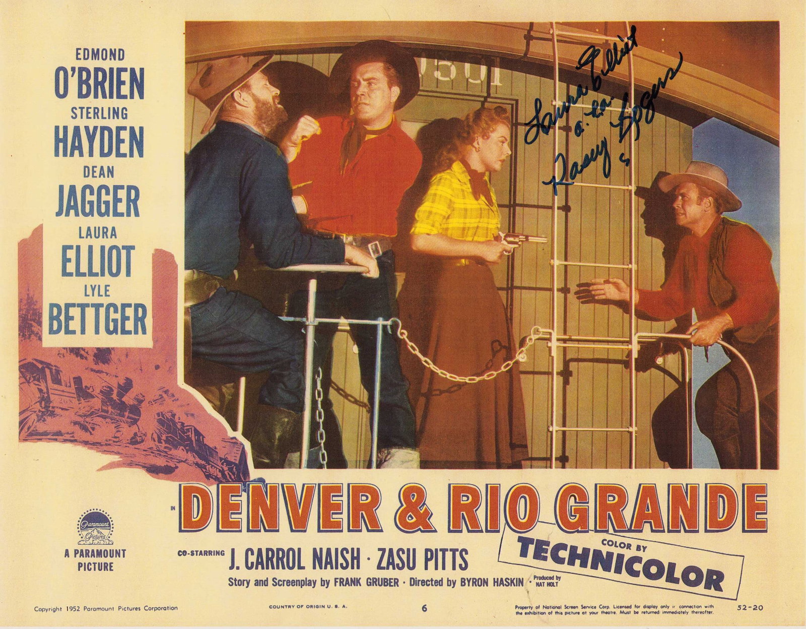 Kasey Rogers signed lobby card: Denver and the Rio Grande reprint lobby card signed by her she went on to fame in TVS Bewitched as Mrs Tate Certificate of AuthenticityEVERY item in this auction comes with at minimum one fully illust