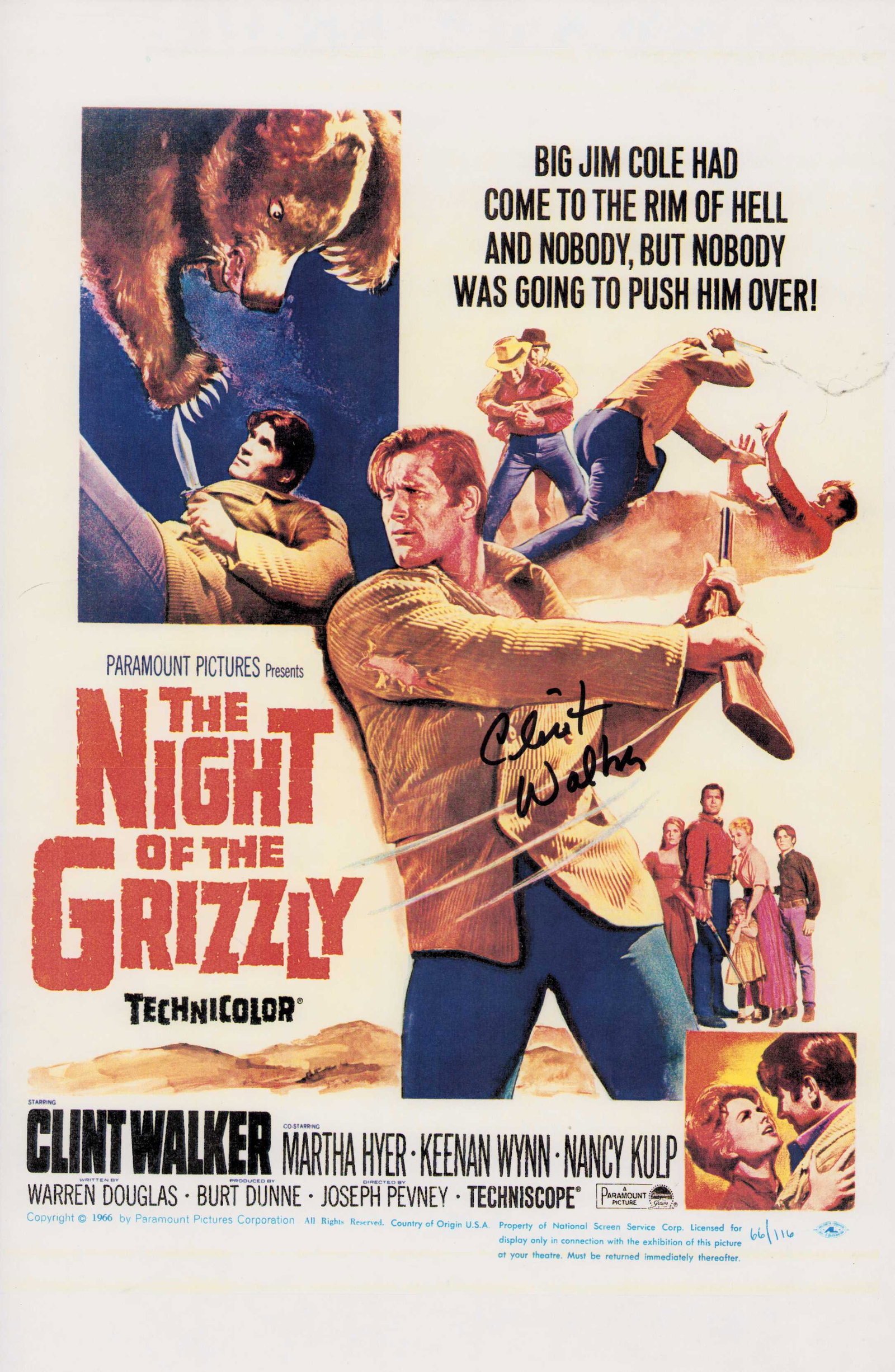 Clint Walker signed 11x17 poster: 11x17 poster repro from Night of the Grizzly signed by the western star and Tv star of Cheyenne Certificate of AuthenticityEVERY item in this auction comes with at minimum one fully illustrated and se