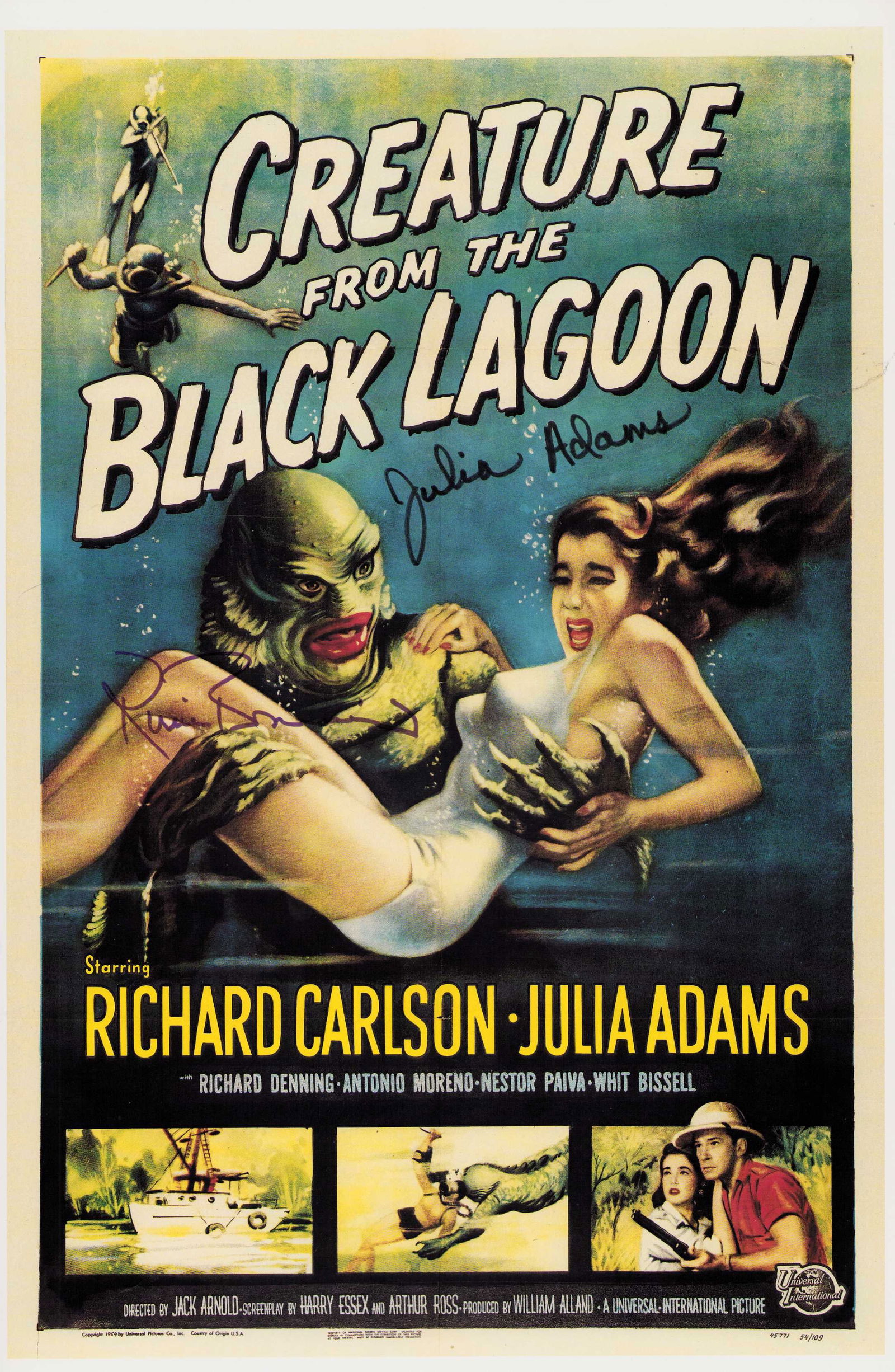 Creature from the Black Lagoon signed 11x17 cast poster: 11x17 poster repro to the classic film signed by the creature Ricou Browning and star Julia Adams Certificate of AuthenticityEVERY item in this auction comes with at minimum one fully illustrated and