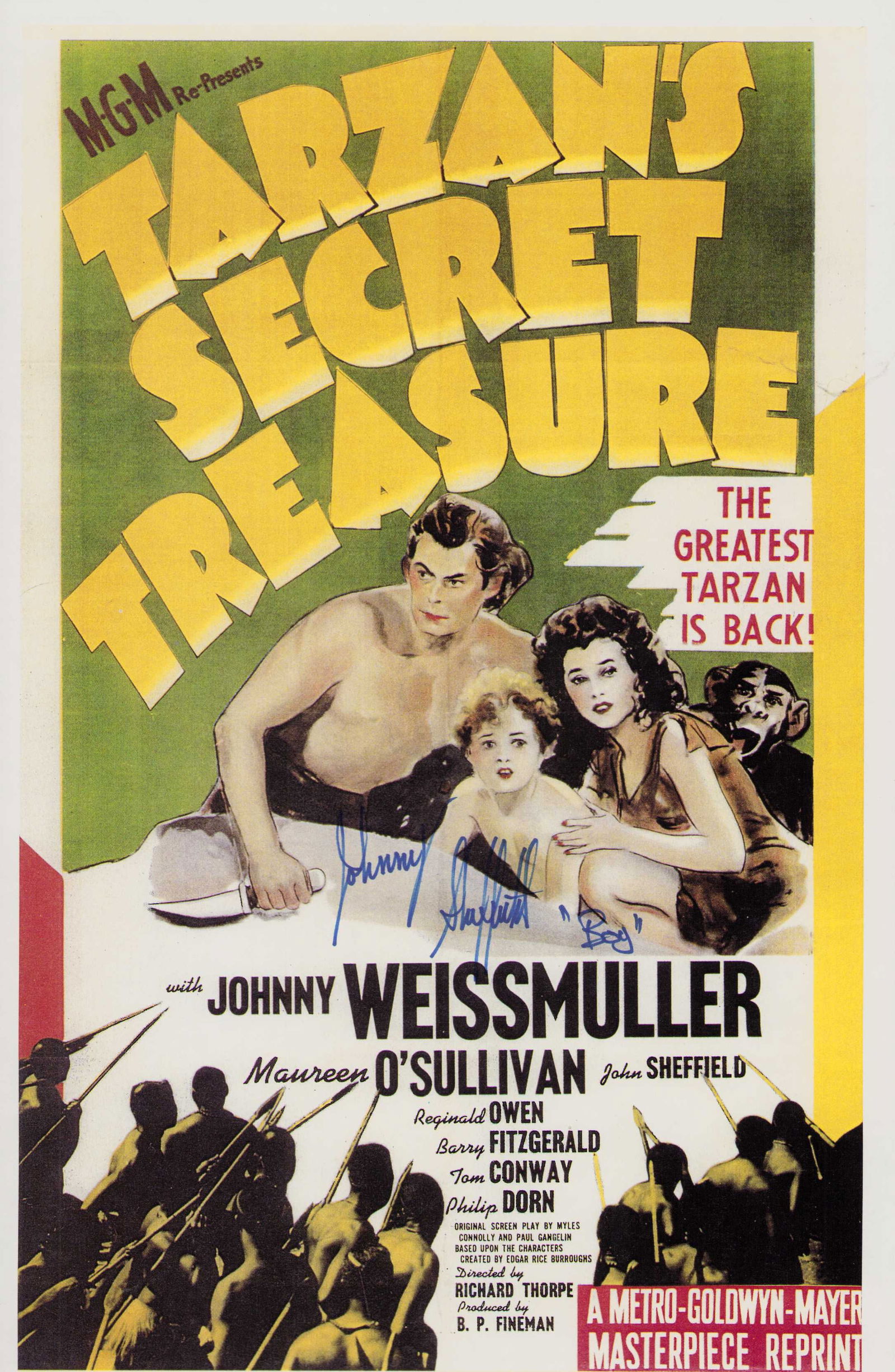Johnny Sheffield signed Tarzan 11x17 poster: An 11x17 repro poster to Tarzand Secret Treasure signed by him as BOY in the films Certificate of AuthenticityEVERY item in this auction comes with at minimum one fully illustrated and serial numbered