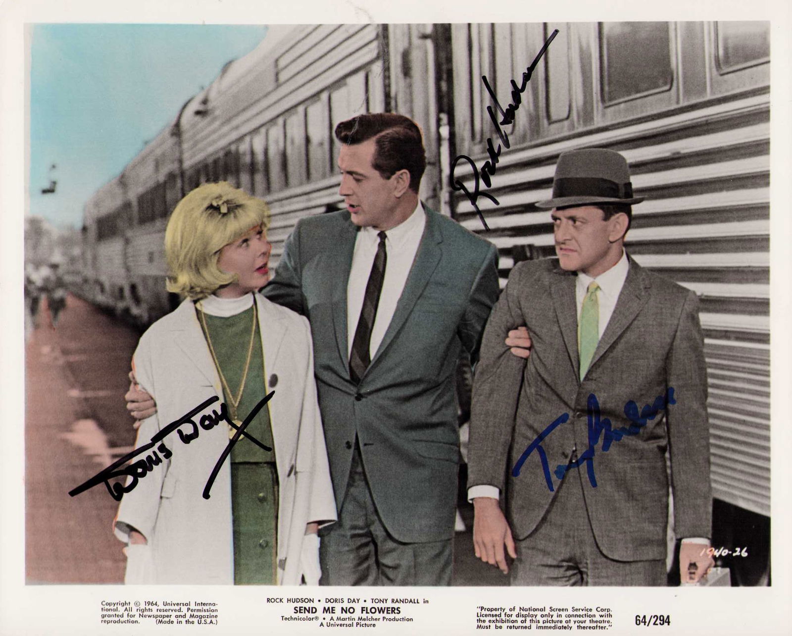 Doris Day Rock Hudson Tony Randall signed photograph: A vintage hand colored original still signed by the cast Doris Day Rock Hudson and Tony Randall of the classic funny film Certificate of AuthenticityEVERY item in this auction comes with at minimum on