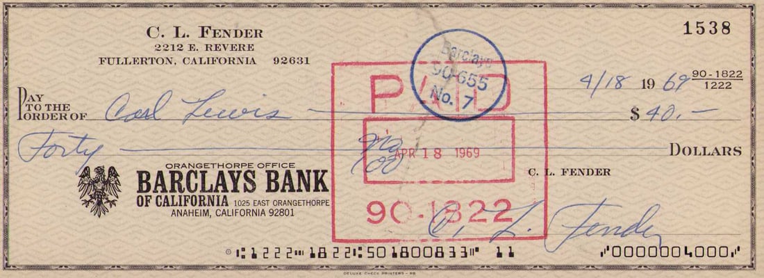 Fender rare signed bank check: CL Fender the creator of Fender guitars signed bank check during rocks golden era rare Certificate of AuthenticityEVERY item in this auction comes with at minimum one fully illustrated and serial numb