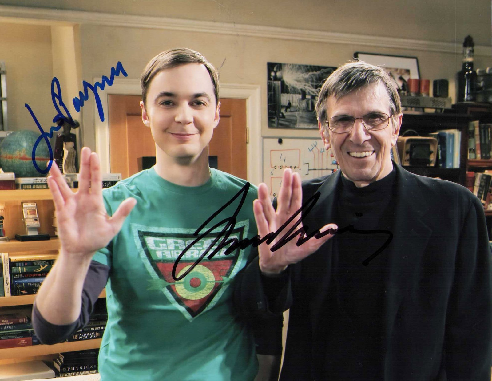 Leonard Nimoy and Jim Parsons rare signed photograph: A Big Bang Theory back scenes shot from Nimoys guest appearance signed by he and star Jim Parsons Certificate of AuthenticityEVERY item in this auction comes with at minimum one fully illustrated and