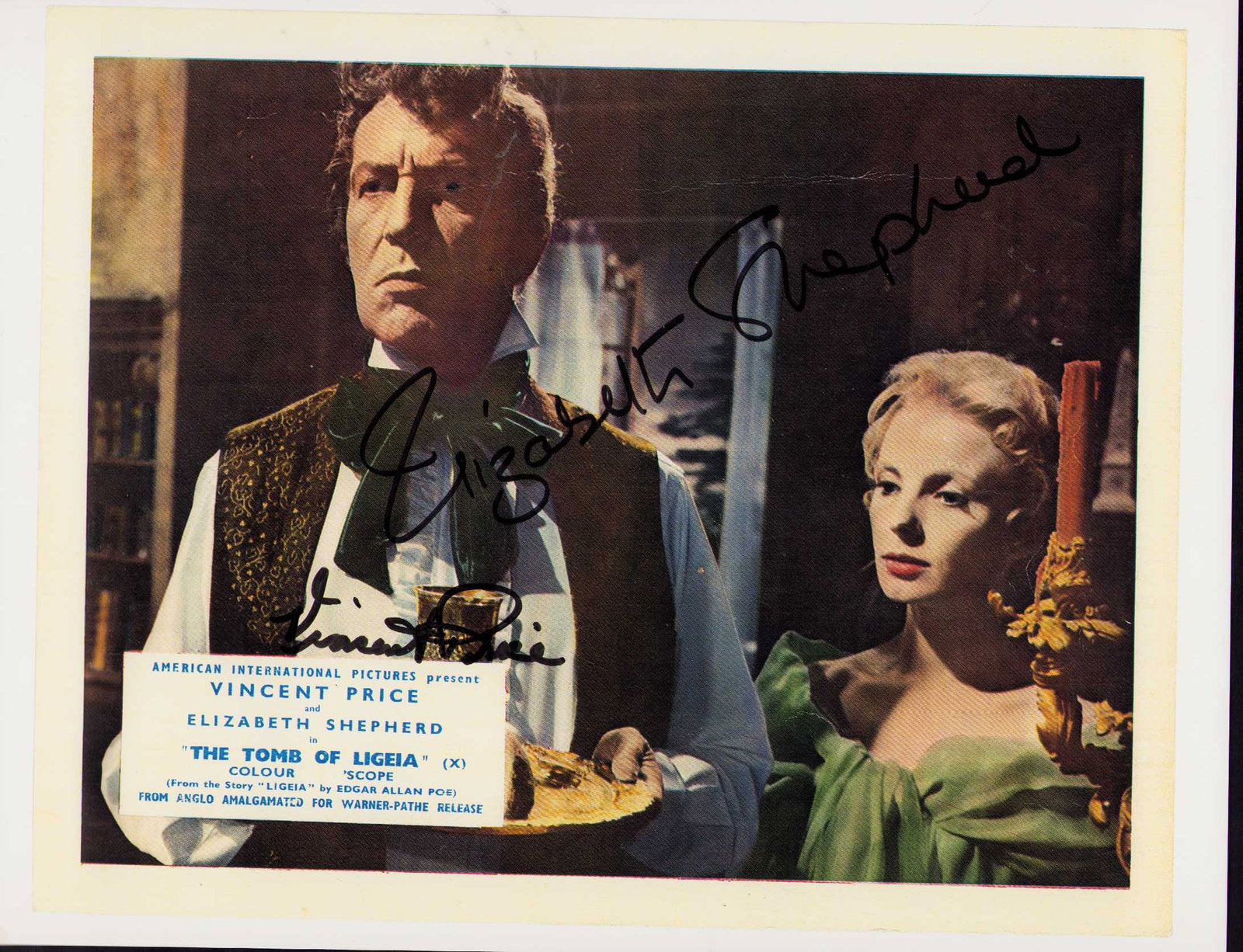 Vincent Price and Elizabeth Shepard signed photograph: A rare Vincent Price and elizabeth Sheperd signed 8x10 from The Tomb of Ligeia horror film Certificate of AuthenticityEVERY item in this auction comes with at minimum one fully illustrated and serial