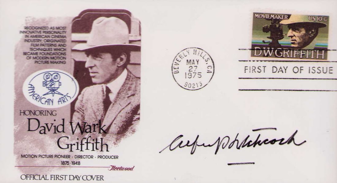Alfred Hitchcock signed FDC: A FDC honoring film signed by the legendary horror supspense Director Certificate of AuthenticityEVERY item in this auction comes with at minimum one fully illustrated and serial numbered COA signed b