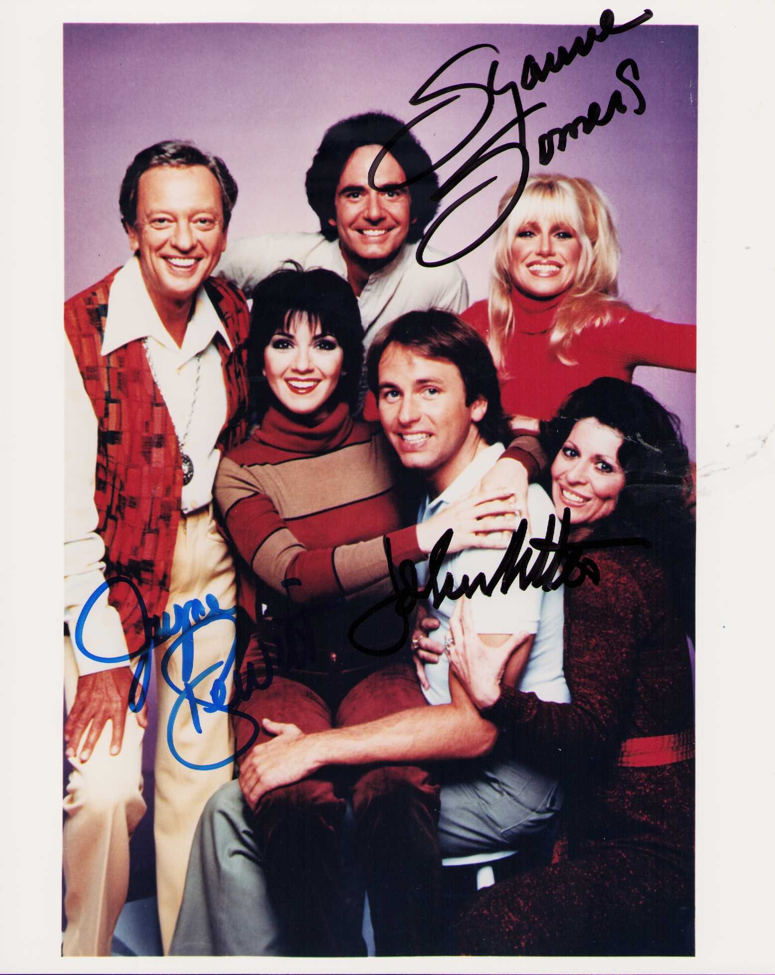 Threes Company cast signed photograph: A vintage cast shot signed by the main three John Ritter Suzanne Somers and Joyce DeWitt Certificate of AuthenticityEVERY item in this auction comes with at minimum one fully illustrated and serial