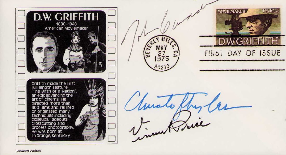 Horror Legends signed FDC: A RARE FDC signed by THREE major horror legends John Carradine (Dracula etc) Vincent Price and Christopher Lee (Dracula etc) Certificate of AuthenticityEVERY item in this auction comes with at