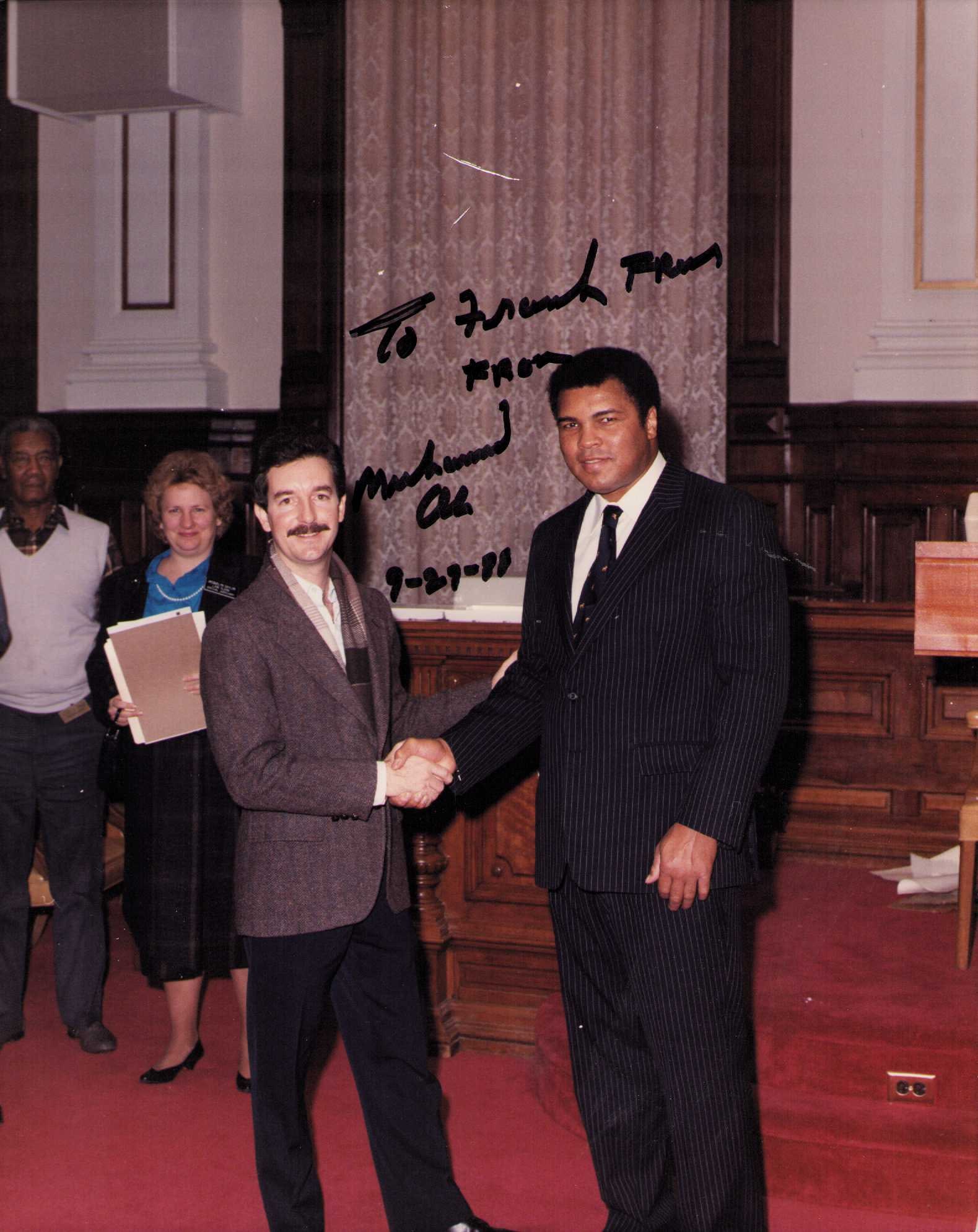 Muhammad Ali vintage signed photograph: An original one of a kind 8x10 meeting the father of the father son who got this entire collection in person signed to him Frank by the GOAT himself early FULL nice signature Certificate of Authentici