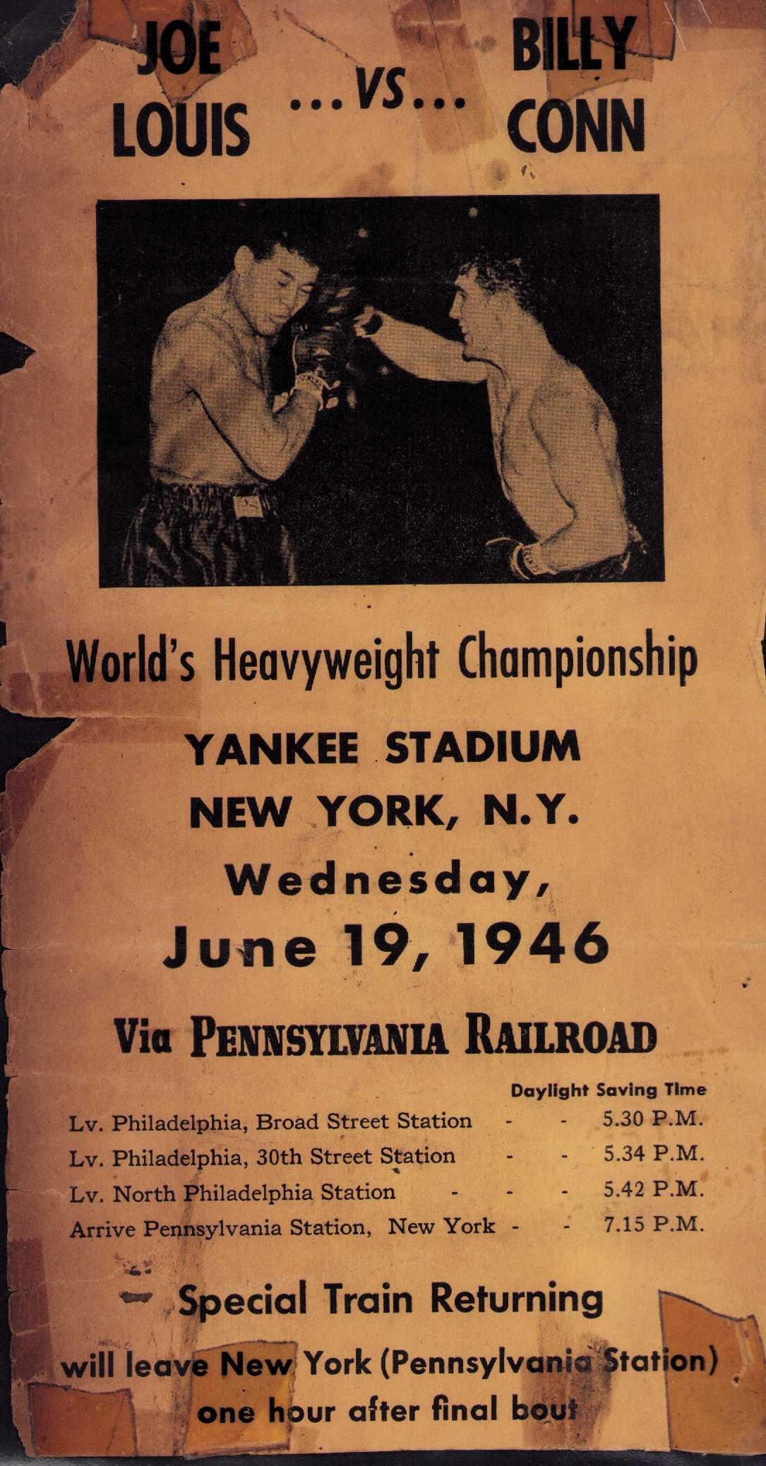 Joe Louis vs Billy Conn handbill: A RARE approx 5x12 handbill for the fight almost 100 years ago as you can see it has tape residue and some chipping but is complete Certificate of AuthenticityEVERY item in this auction comes with at