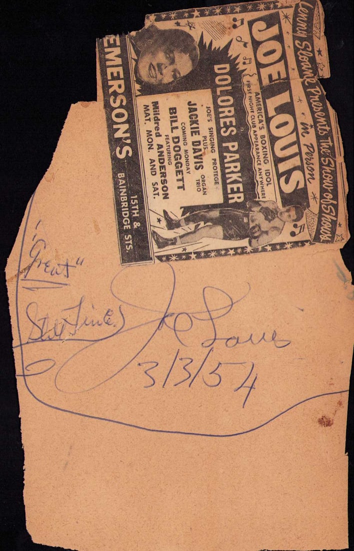 Joe Louis signature: On a cut piece from a scrapbook page with a ad for the fight still attached to it he dated his signature 1954 THE legend Joe Louis rare Certificate of AuthenticityEVERY item in this auction comes with