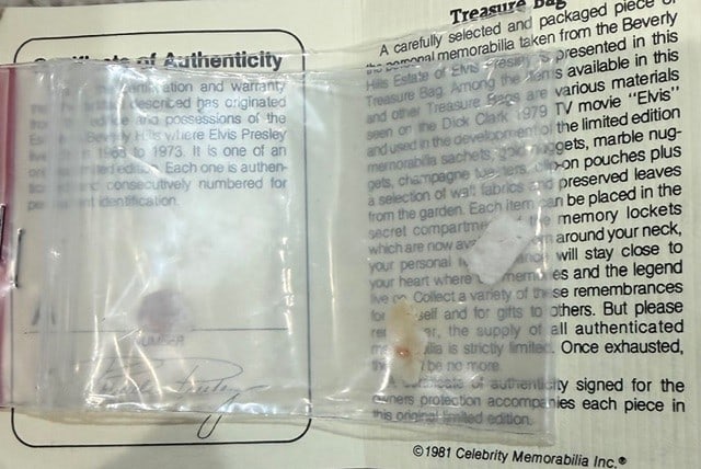 Elvis Presley bathroom marble: A rare baggie with pieces of marble from Elvis bathroom which Priscilla remodelled after he died it has a COA with her printed name on it these are rare to find Certificate of AuthenticityEVERY item