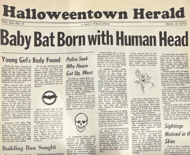 Halloweentown prop newspaper: A seen on screen complete prop newspaper from the movie obtained directly from the prop house Certificate of AuthenticityEVERY item in this auction comes with at minimum one fully illustrated and