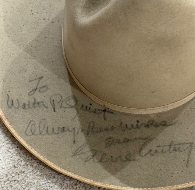 Gene Autry hat worn owned and signed: A rare Gene Autry owned hat signed for a charity event over 35 years ago the BACK of the hat as shown has some spotting from poor storage over the years and may be cleaned but we didn’t try to do