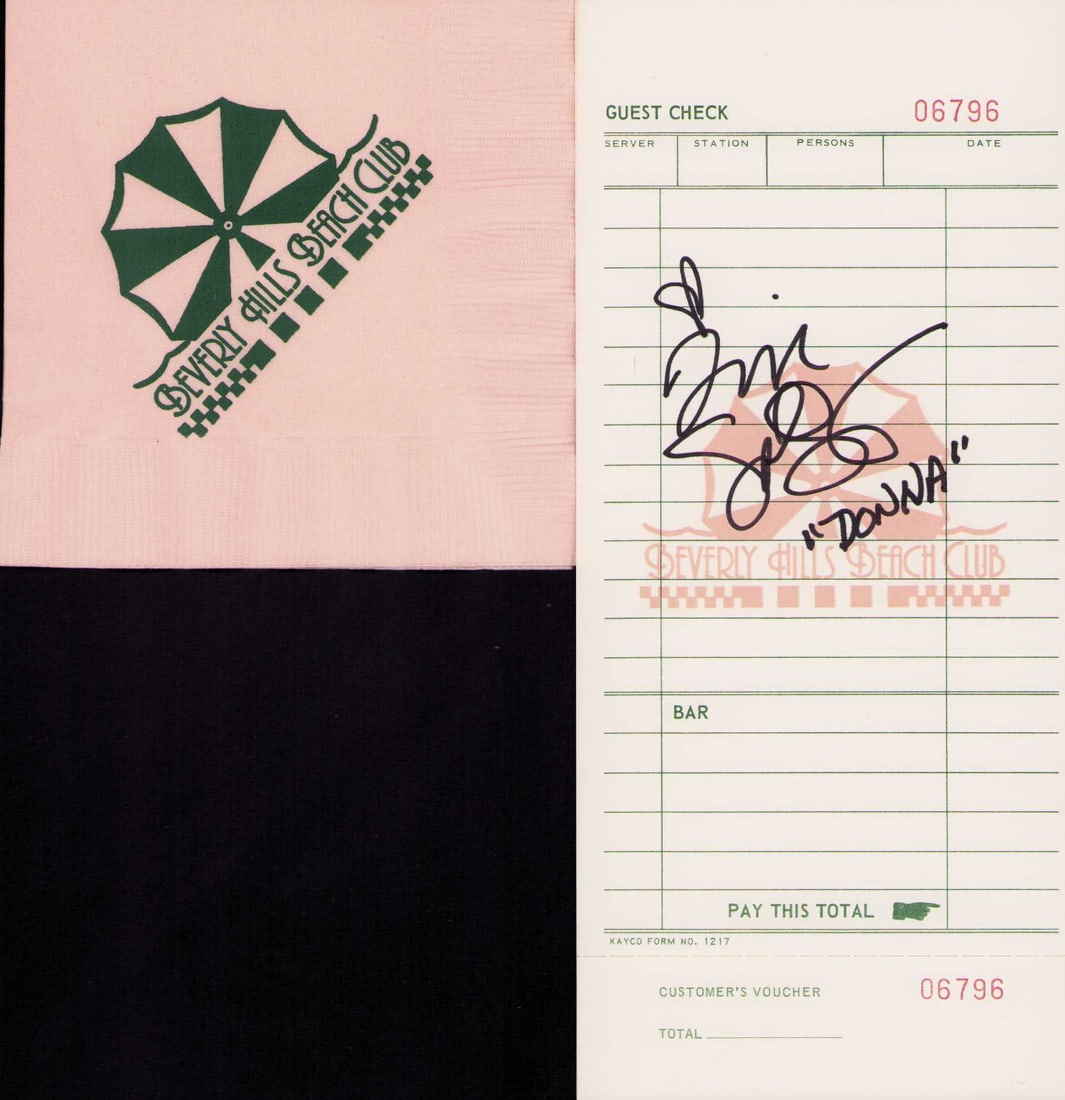 Beverly Hills 90210 signed prop lots: Tori Spelling signed prop restaurant bill plus a prop napkin from the on screen café in Beverly Hills 90210 Certificate of AuthenticityEVERY item in this auction comes with at minimum one fully illus