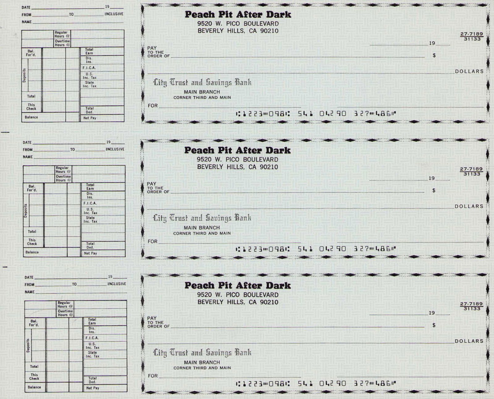 Beverly Hills 90210 prop checks: From the famed Peach Pit restaurant in BH 90210 a prop set of three checks Certificate of AuthenticityEVERY item in this auction comes with at minimum one fully illustrated and serial numbered COA sig