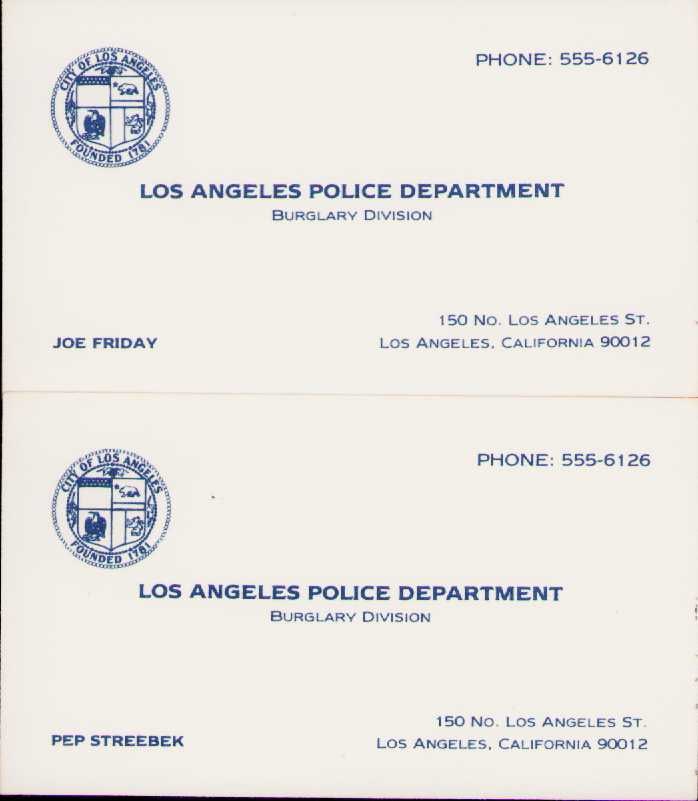 Dragnet prop pair of business cards: A pair of embossed set used business cardds from the Tom Hanks film BEWARE as people buying these from us have copied them on flat not embossed paper Certificate of AuthenticityEVERY item in this