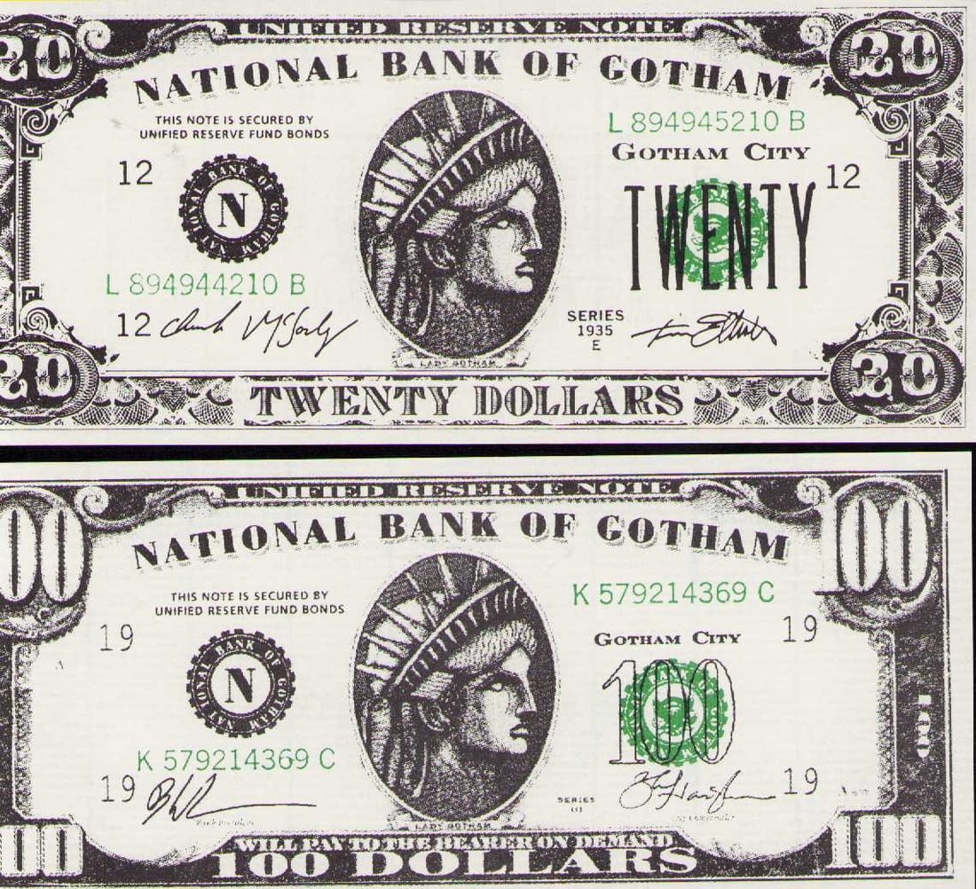 Batman and Robin Gotham prop money: A lot of Gotham City prop money used in Batman and Robin Certificate of AuthenticityEVERY item in this auction comes with at minimum one fully illustrated and serial numbered COA signed by the worlds