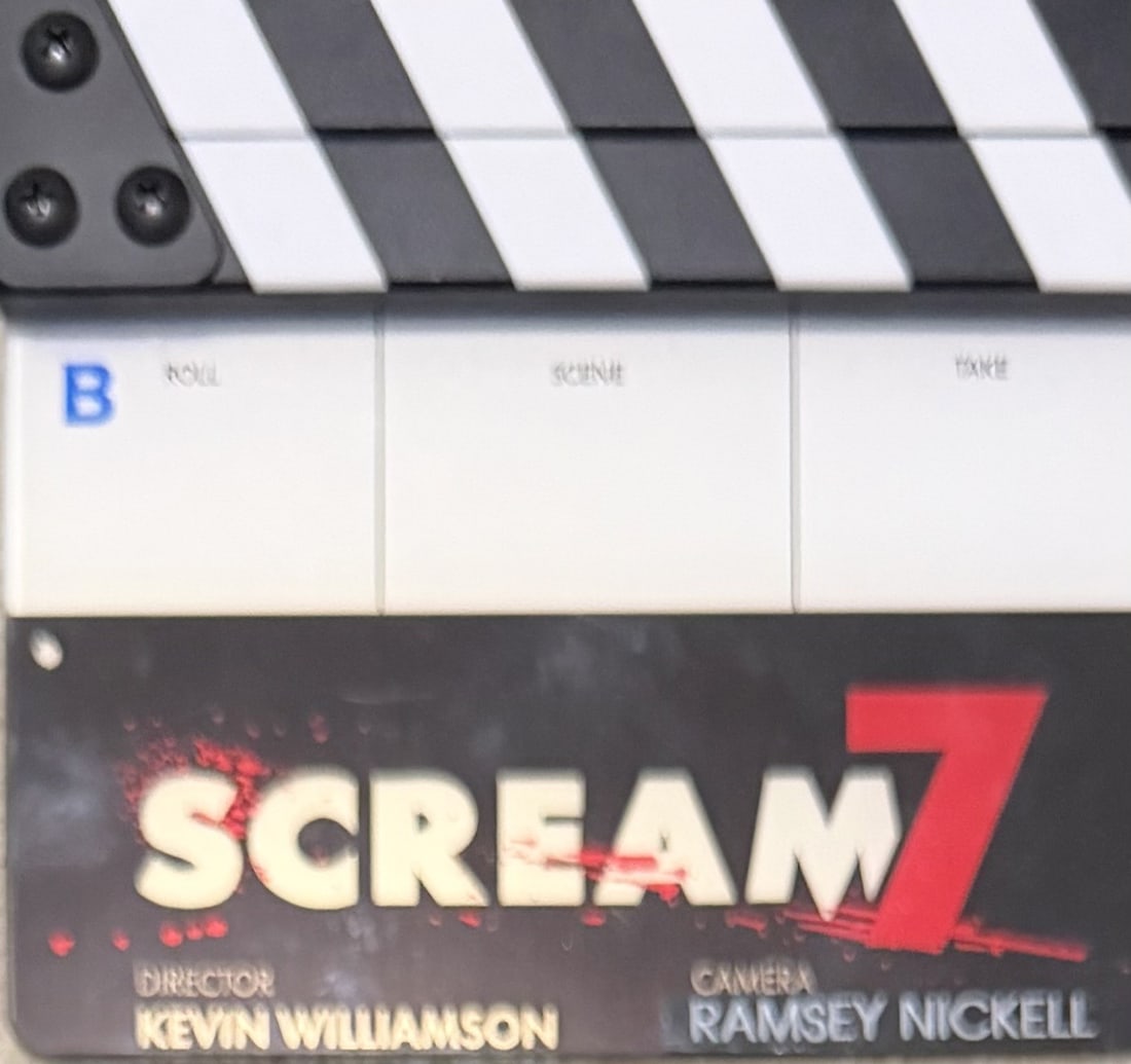 Scream 7 Directors Slate: A RARE Directors slate used in the film still in theaters Scream 7 Certificate of AuthenticityEVERY item in this auction comes with at minimum one fully illustrated and serial numbered COA signed by