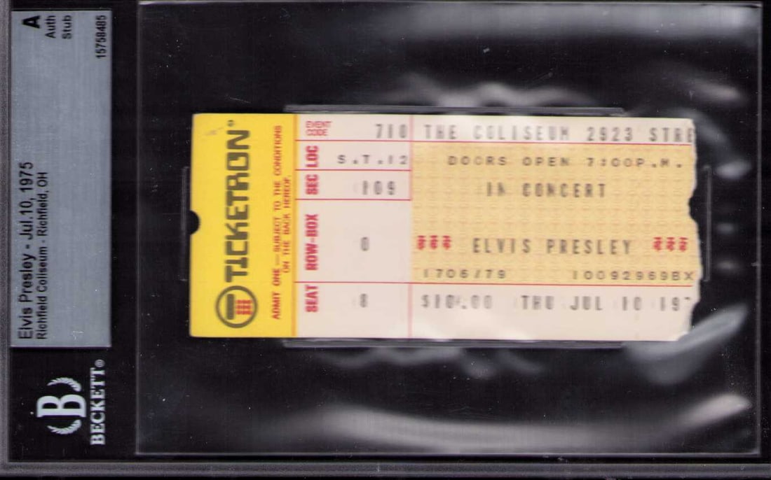 Elvis Presley rare ticket Beckett slabbed: A RARE Ticketron ticket to his concert in Richfield Coliseum Richmond OH on July 10 1975 SLABBED by Beckett Certificate of AuthenticityEVERY item in this auction comes with at minimum one fully