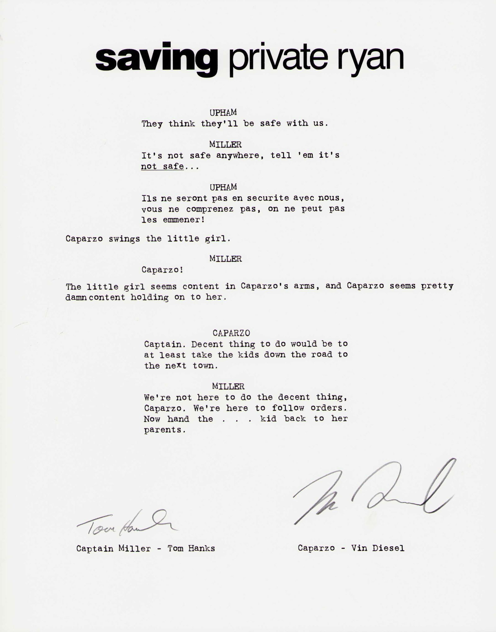 Saving Private Ryan Lt ed cast signed lithograph C: A lithograph 11x14 of a script page signed by Tom Hanks and the rare Vin Diesel for Dreamworks who sold these for 795.00 in the late 1990s with copy of Dreamworks COAS Certificate of
