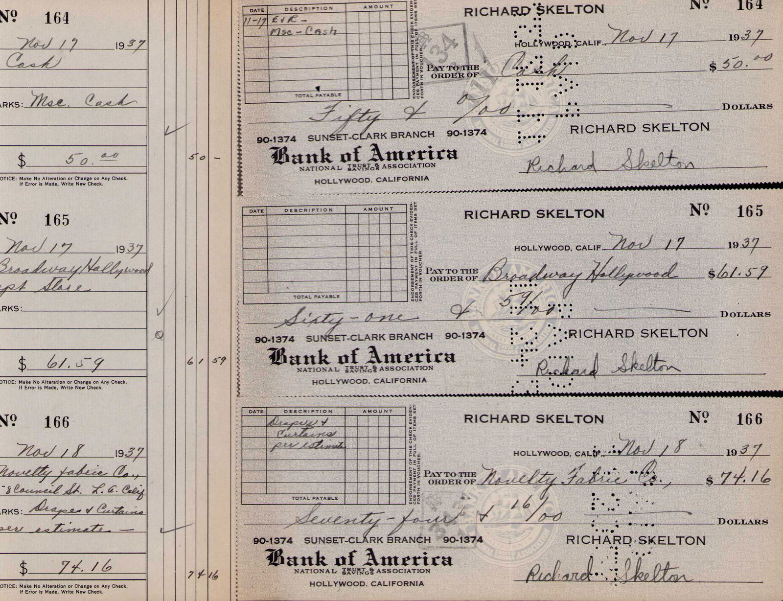 Red Skelton set of three signed written 1930s business checks: A set of three handwritten and signed business checks at the height of his career in the 1930s could easily sepaarate them if so desired Certificate of AuthenticityEVERY item in this auction comes