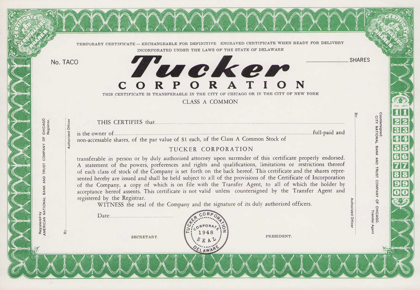 Tucker prop stock certificate: A prop Tucker Motors stock certificate made for and used in the Coppola film Certificate of AuthenticityEVERY item in this auction comes with at minimum one fully illustrated and serial numbered COA