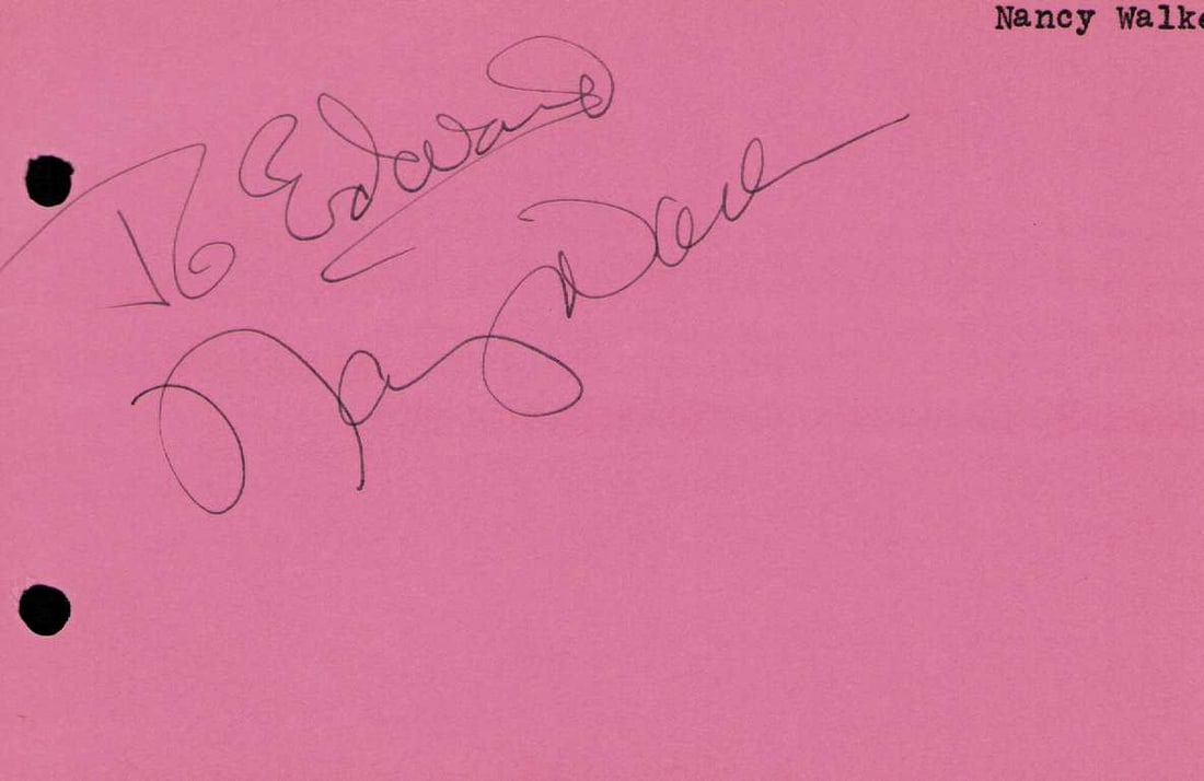 Nancy Walker signature: Scarce actress played Rhodas mother in TV among other roles Certificate of AuthenticityEVERY item in this auction comes with at minimum one fully illustrated and serial numbered COA signed by the worl