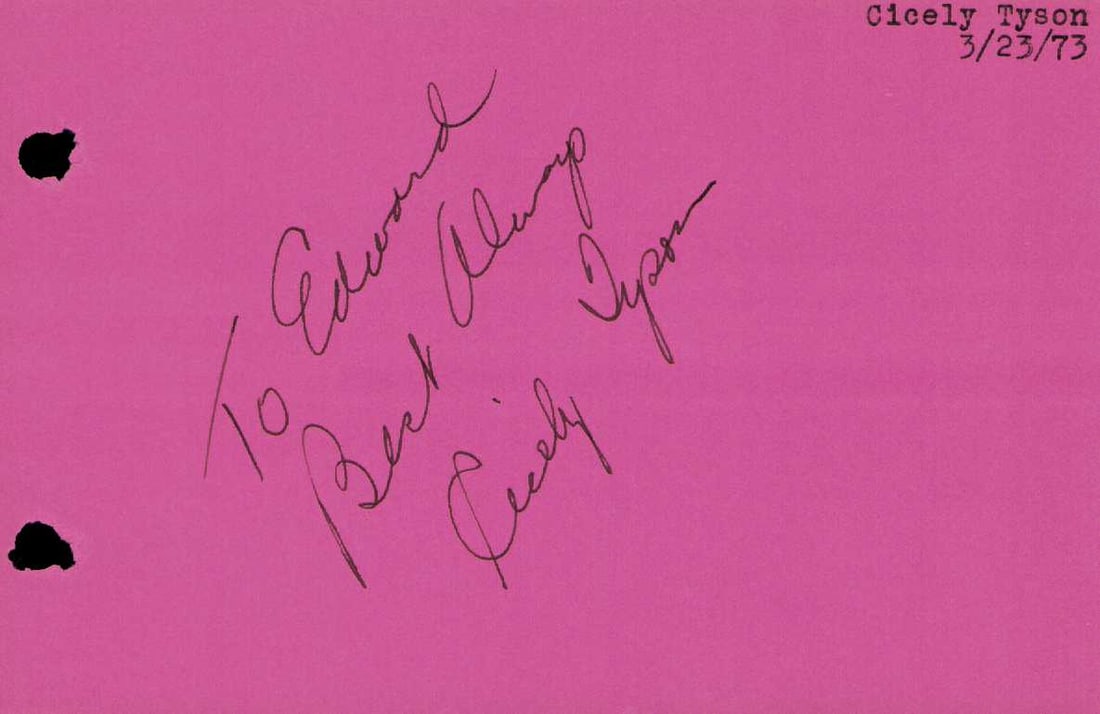 Cicely Tyson signature: Rare early signature of great actress Certificate of AuthenticityEVERY item in this auction comes with at minimum one fully illustrated and serial numbered COA signed by the worlds leading authenticat