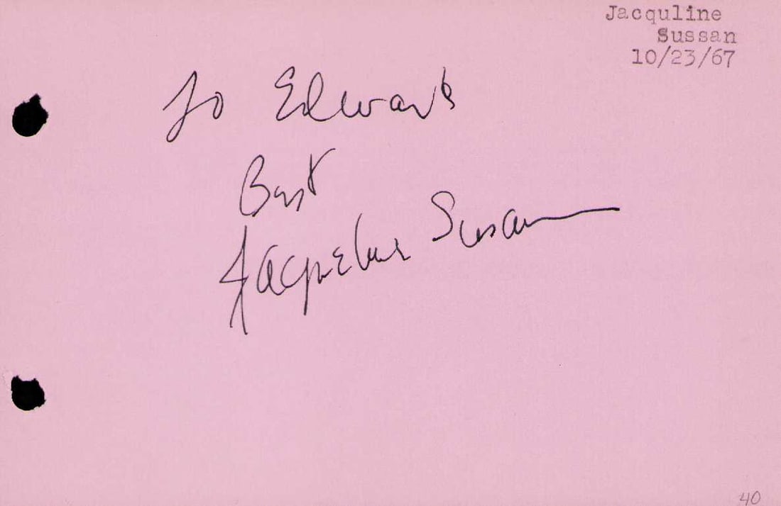 Jacqueline Susann signature: Rare novelist and actress wrote Valley of the Dolls died in 1974 Certificate of AuthenticityEVERY item in this auction comes with at minimum one fully illustrated and serial numbered COA signed by the