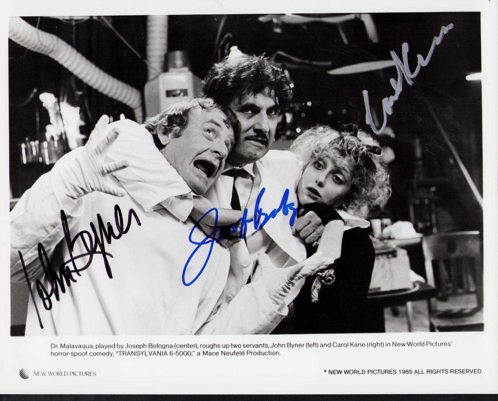 Transylvania 6-5000 cast signed photograph: A vintage scene still from the hilarious film signed by Joseph Bologna, Carol Kane and John Byner scarce Certificate of AuthenticityEVERY item in this auction comes with at minimum one fully illustrat