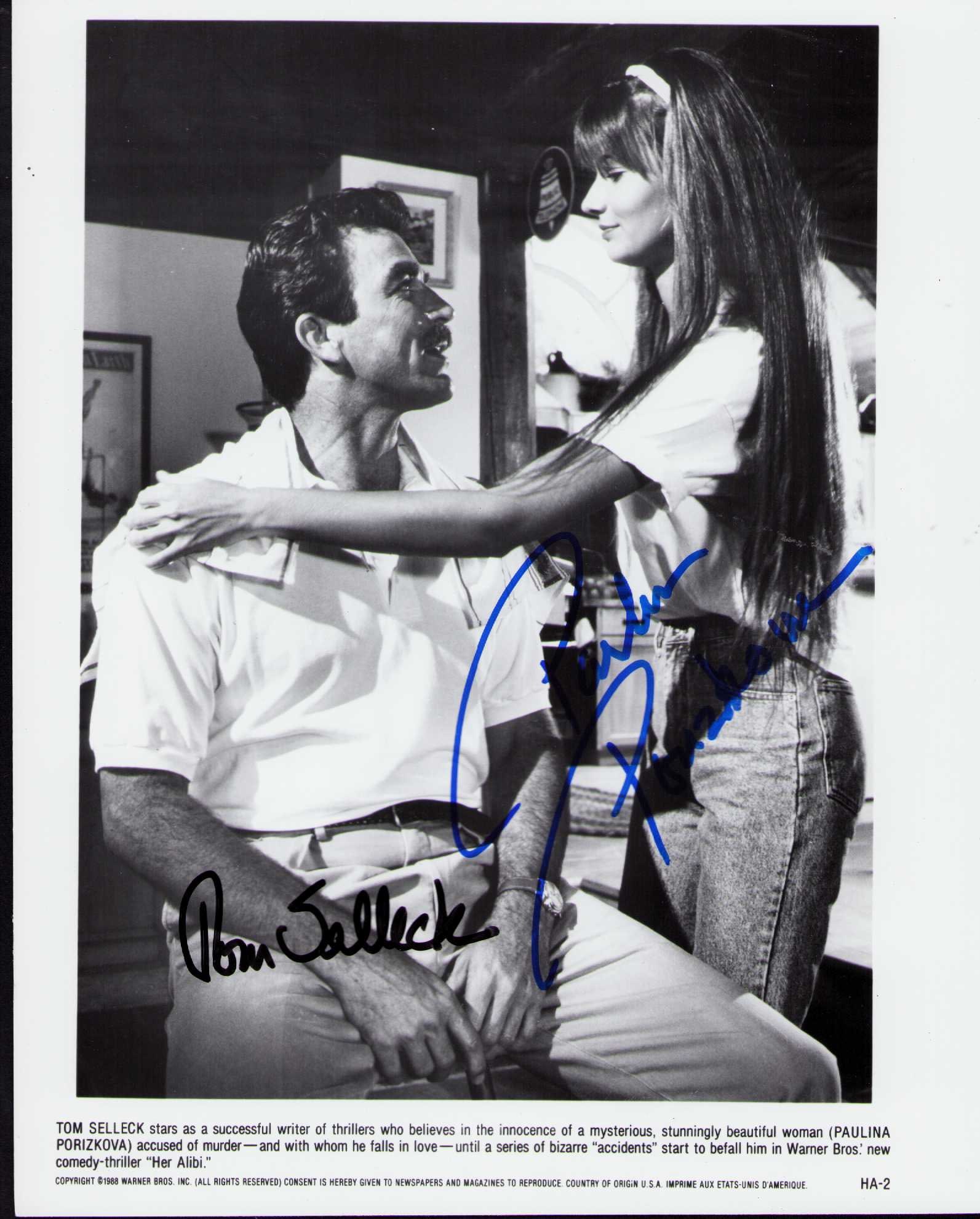 Her Alibi cast signed photograph: An original cast still signed scene by Tom Selleck and Paulina Porizkova scarce Certificate of AuthenticityEVERY item in this auction comes with at minimum one fully illustrated and serial numbered CO