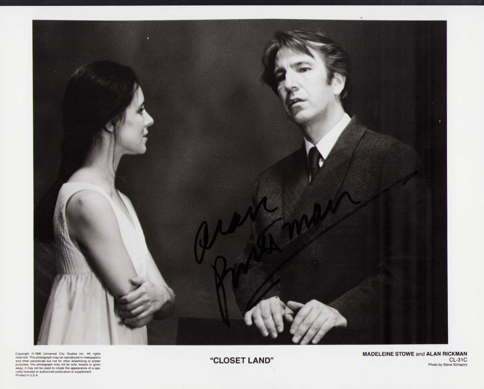 Alan Rickman signed photograph: Vintage original still signed by rare signer Rickman from the film ClosetLand Certificate of AuthenticityEVERY item in this auction comes with at minimum one fully illustrated and serial numbered COA